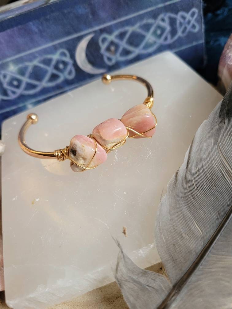 Pink opal cuff bracelet bangle wire wrapped crystal jewellery