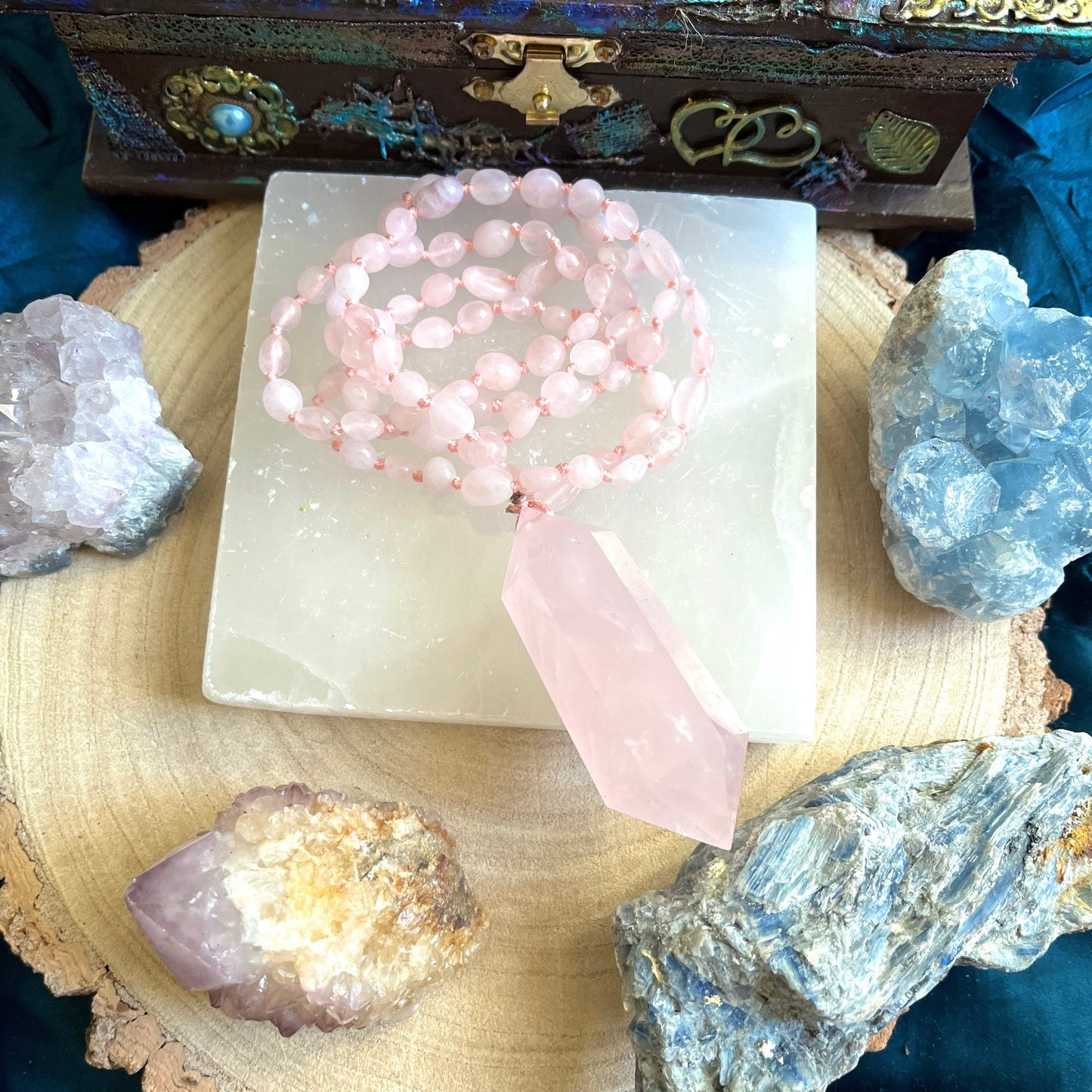 Rose Quartz Necklace with large double terminated Point pendant Crystal healing witchy jewellery gift for her heart chakra stone