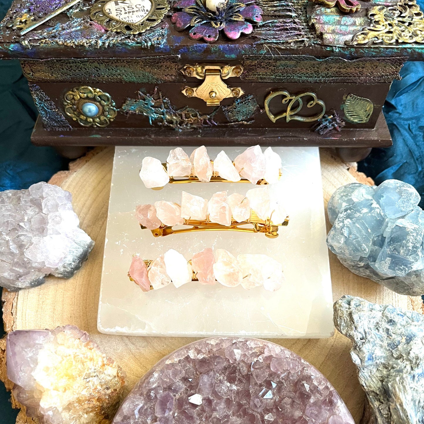 rose quartz hair slide barette grip crystal heart chakra natural stone raw hair decoration