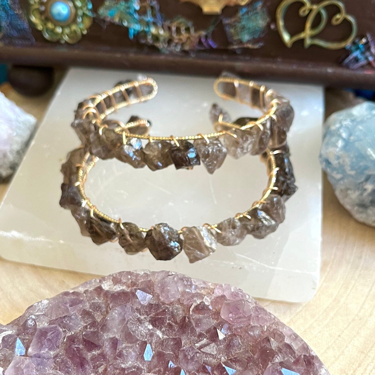 Smoky Quartz bracelet cuff bangle adjustable raw stone natural stone crystal healing handmade jewellery gift for her witchy jewelry