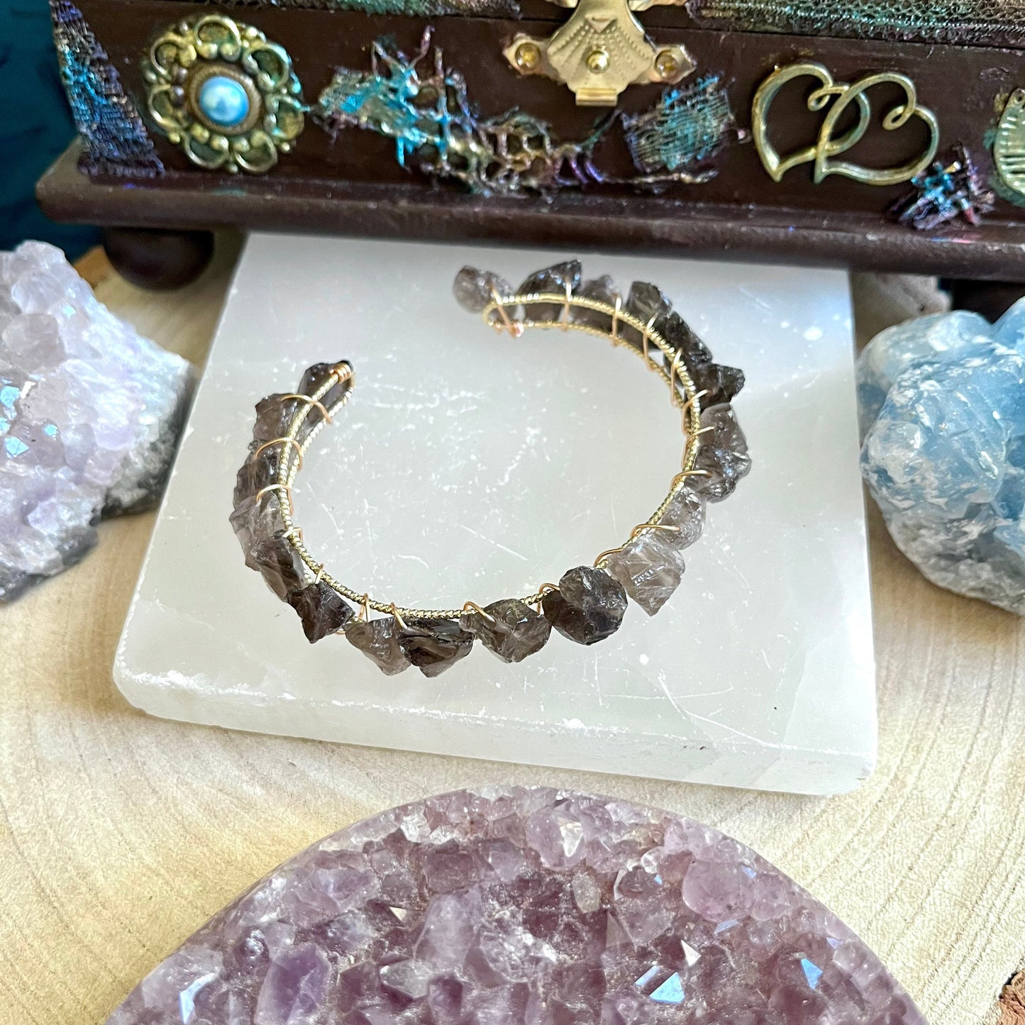 Smoky Quartz bracelet cuff bangle adjustable raw stone natural stone crystal healing handmade jewellery gift for her witchy jewelry