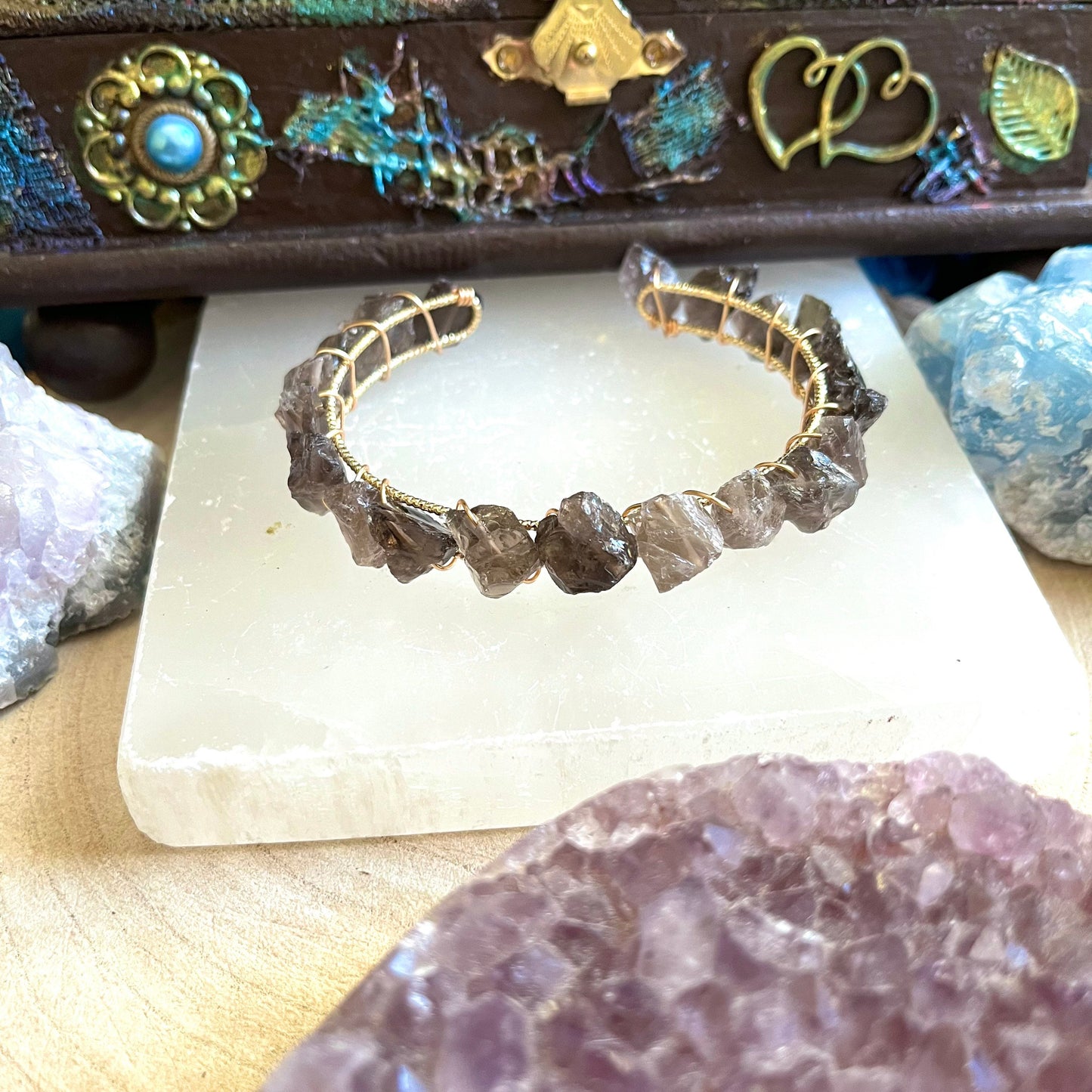 Smoky Quartz bracelet cuff bangle adjustable raw stone natural stone crystal healing handmade jewellery gift for her witchy jewelry