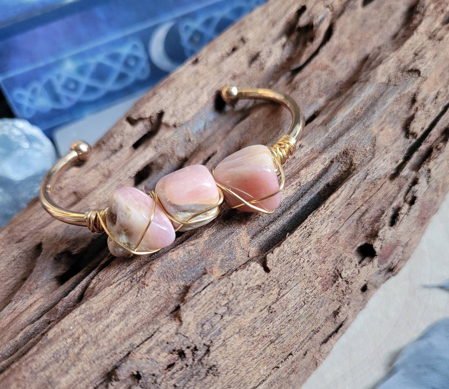 Pink opal cuff bracelet bangle wire wrapped crystal jewellery