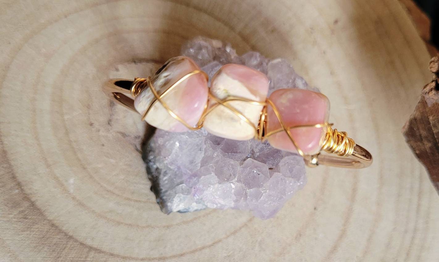 Pink opal cuff bracelet bangle wire wrapped crystal jewellery