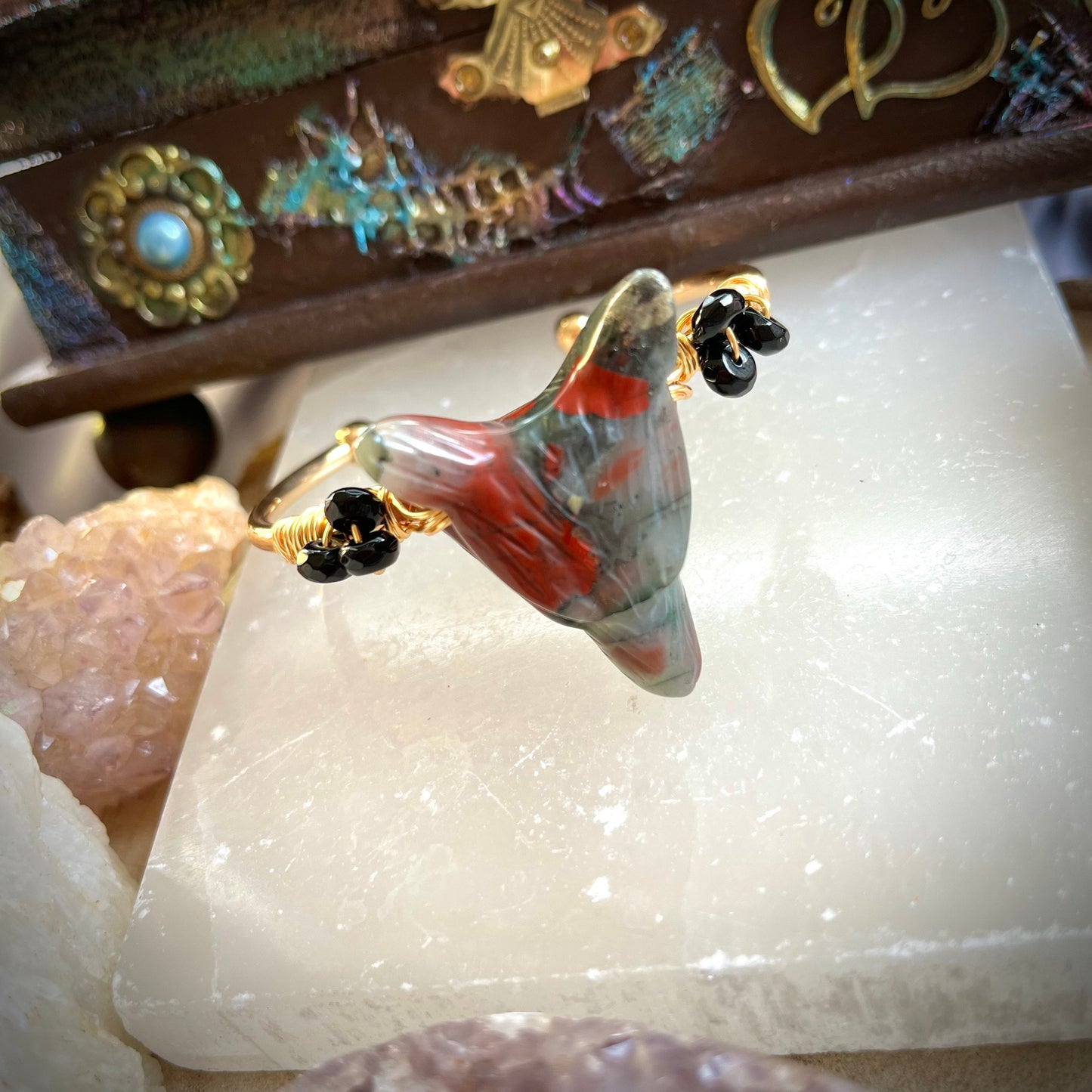 bloodstone wolf bracelet cuff bangle crystal healing natural carved stone heliotrope witchy gift for him or her jewellery for women