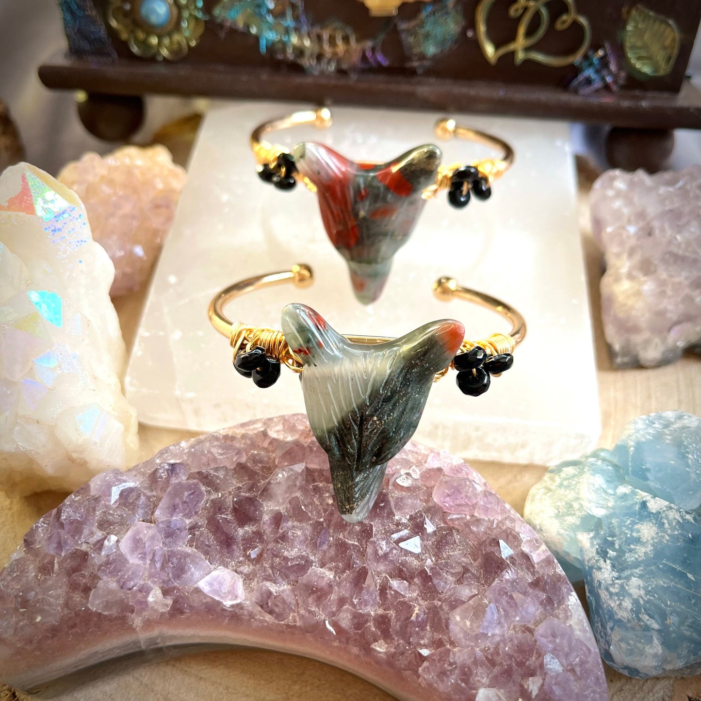 bloodstone wolf bracelet cuff bangle crystal healing natural carved stone heliotrope witchy gift for him or her jewellery for women