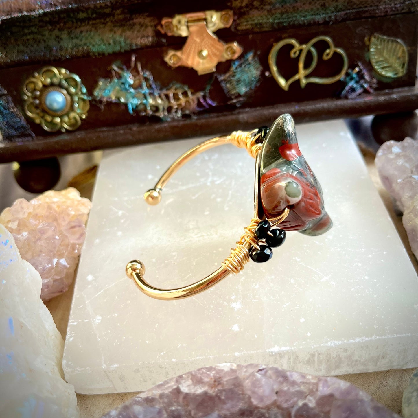 bloodstone wolf bracelet cuff bangle crystal healing natural carved stone heliotrope witchy gift for him or her jewellery for women
