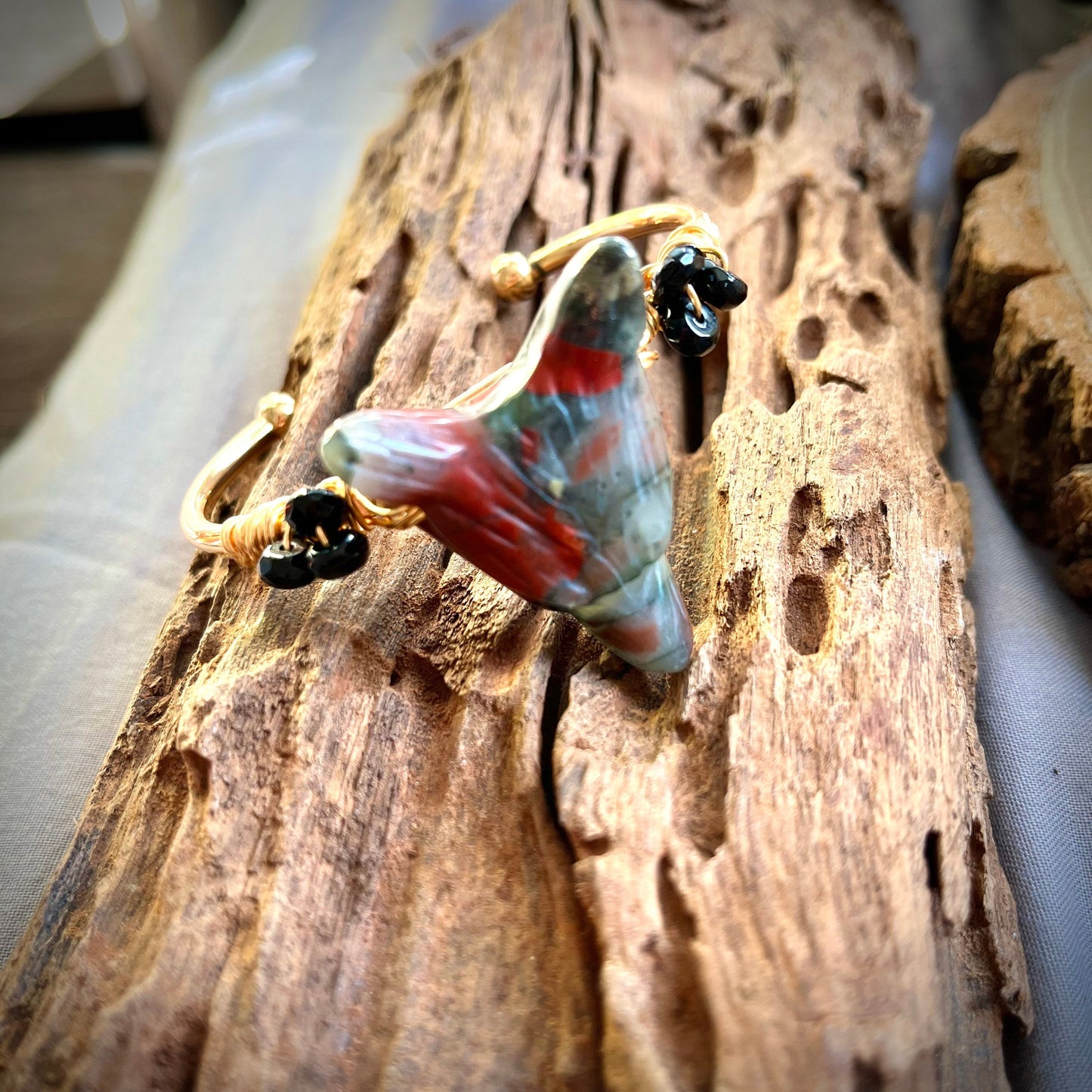 bloodstone wolf bracelet cuff bangle crystal healing natural carved stone heliotrope witchy gift for him or her jewellery for women