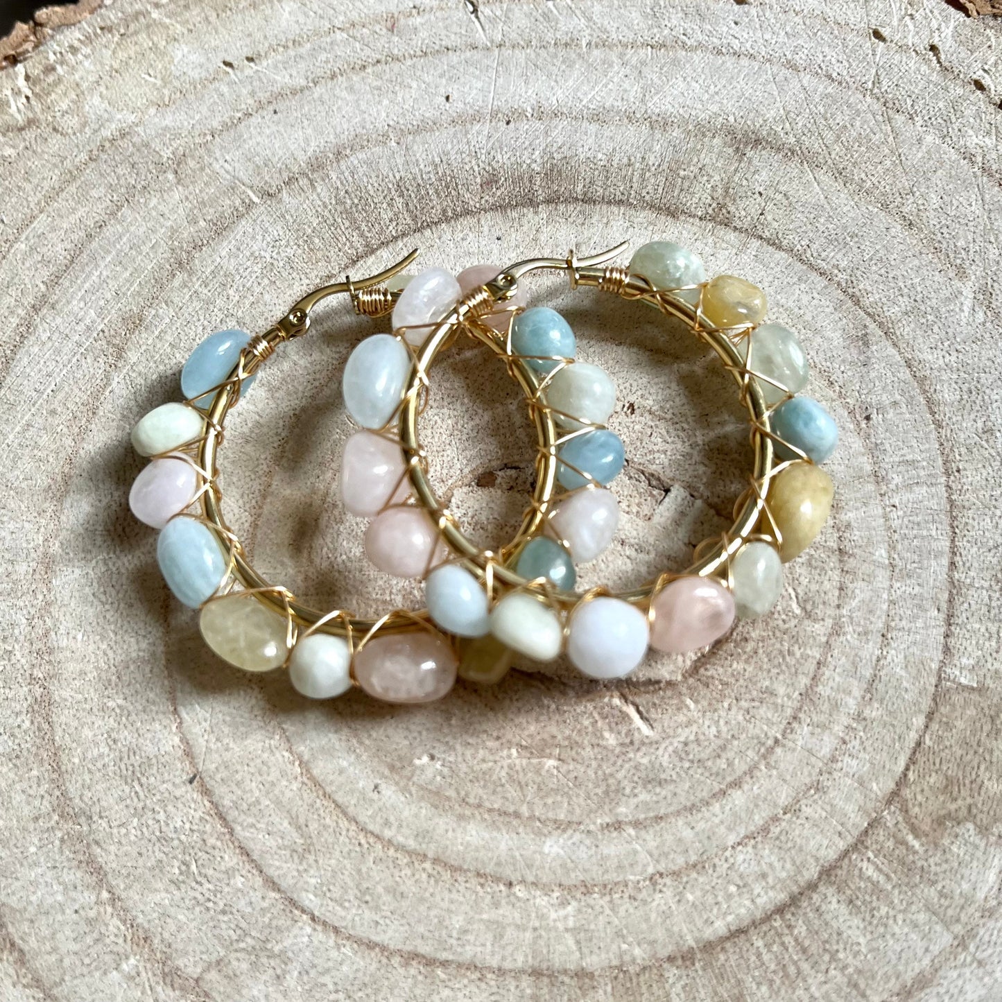 Morganite hoop earrings crystal healing jewellery gift for her witchy jewelry for women