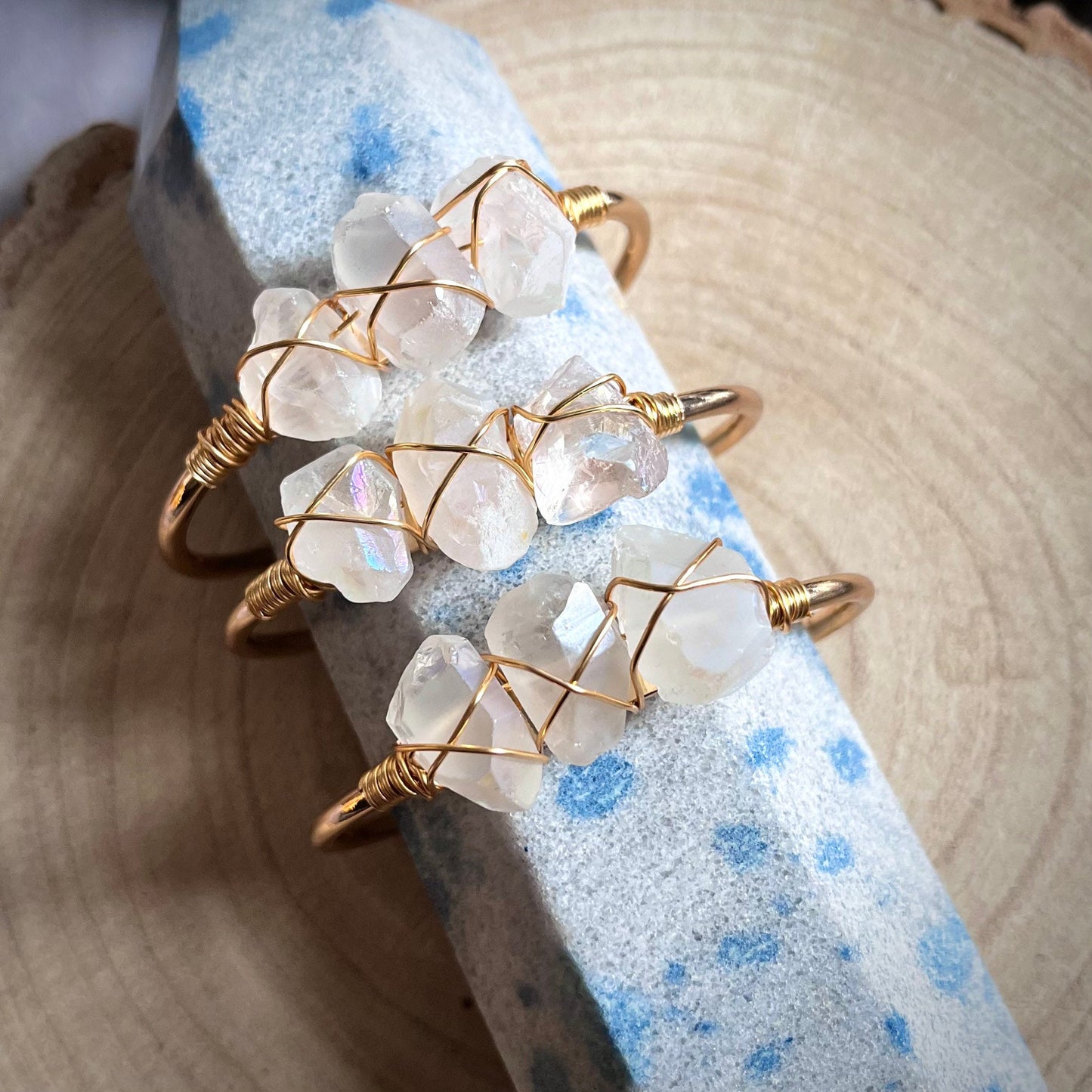 Angel Aura Quartz bracelet cuff bangle wire wrapped crystal healing natural stone - Master Healer, Amplifier, Creativity, Attunement