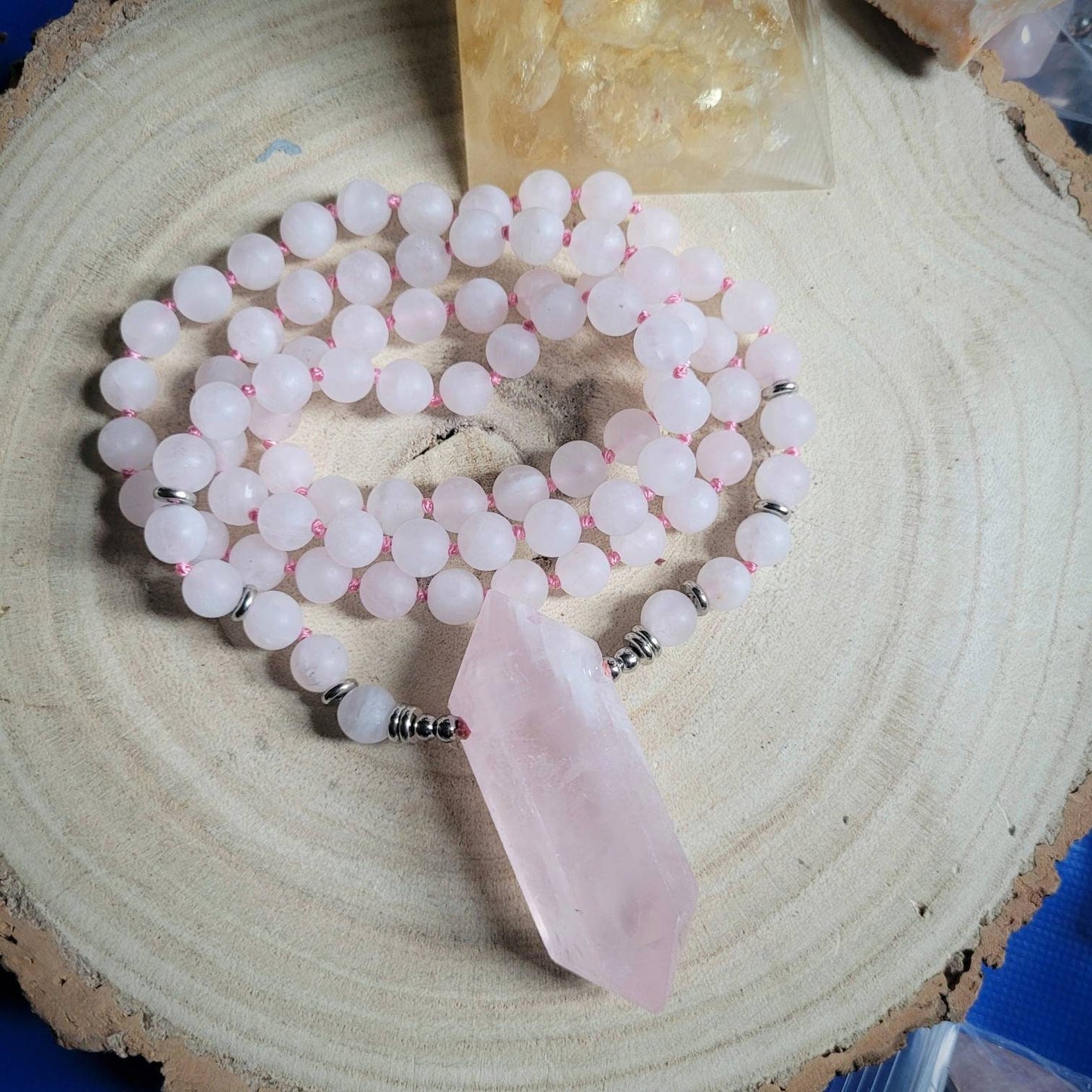 Rose Quartz necklace with large Terminated Point pendant Crystal healing bead mala womens jewellery gift for her witchy jewelry