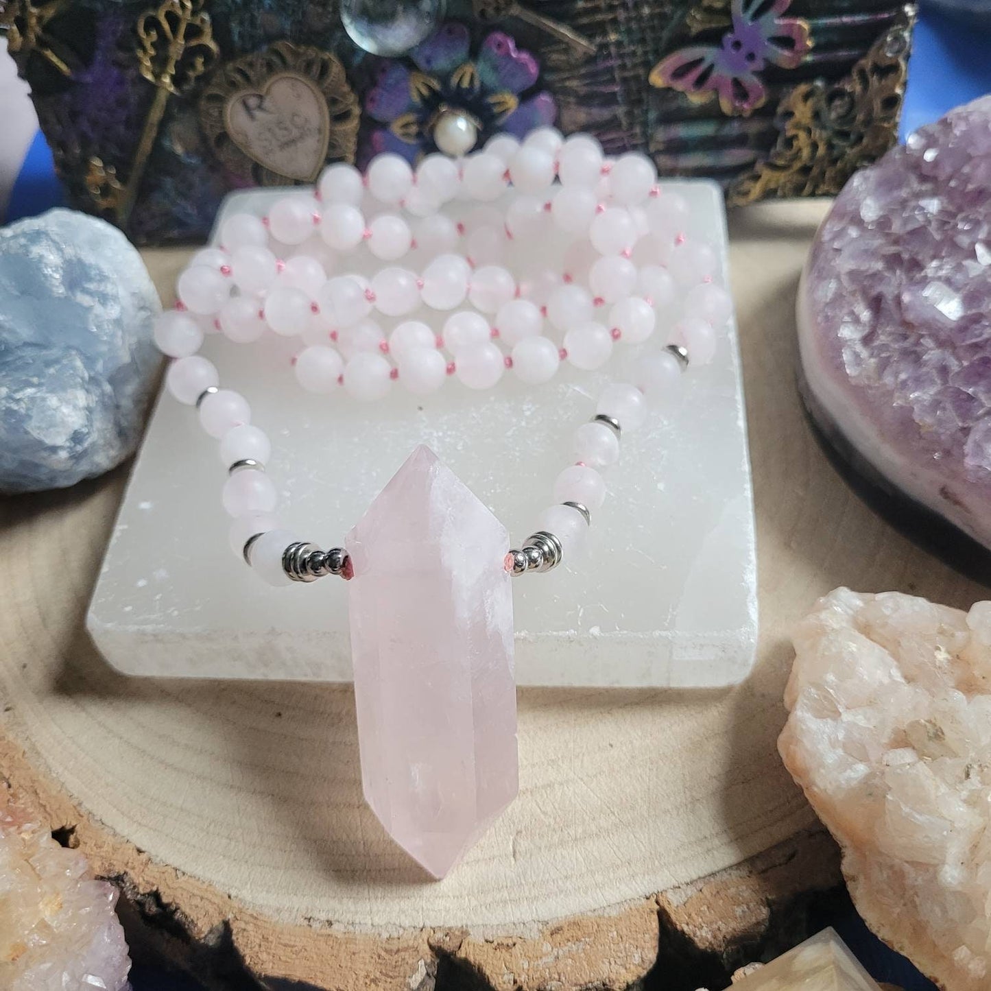 Rose Quartz necklace with large Terminated Point pendant Crystal healing bead mala womens jewellery gift for her witchy jewelry