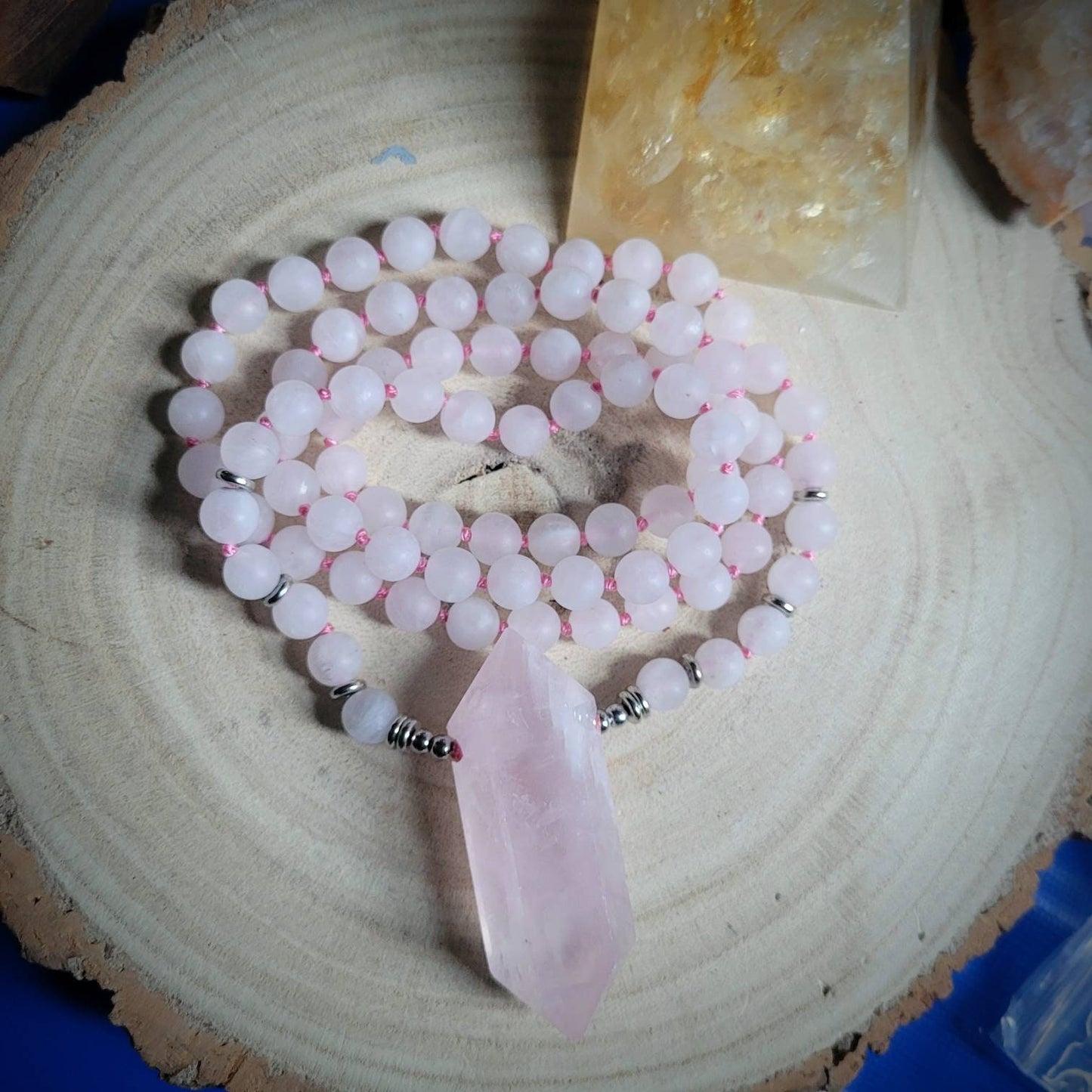 Rose Quartz necklace with large Terminated Point pendant Crystal healing bead mala womens jewellery gift for her witchy jewelry