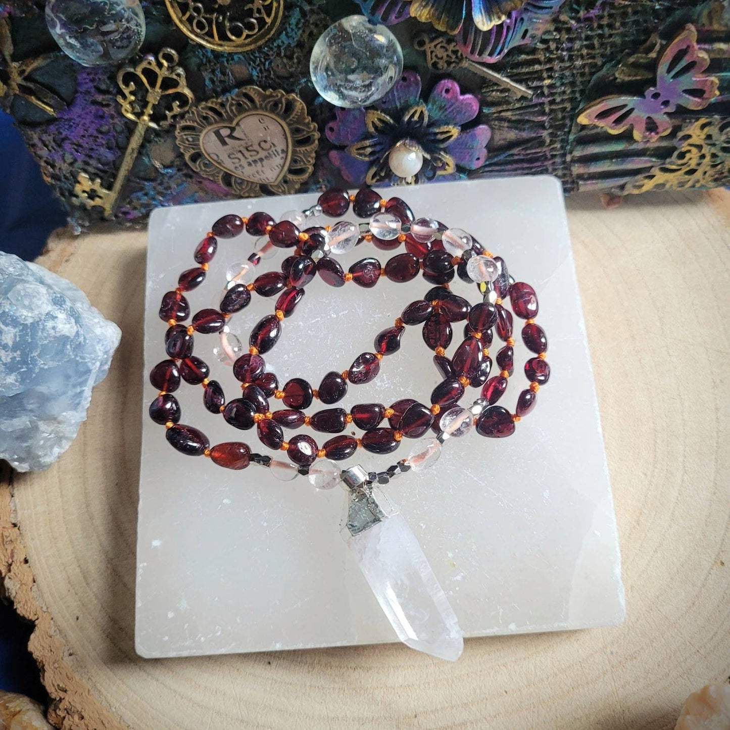 Red garnet necklace clear quartz point pendant knotted bead jewellery gift for him or her witchy gemstone jewelry
