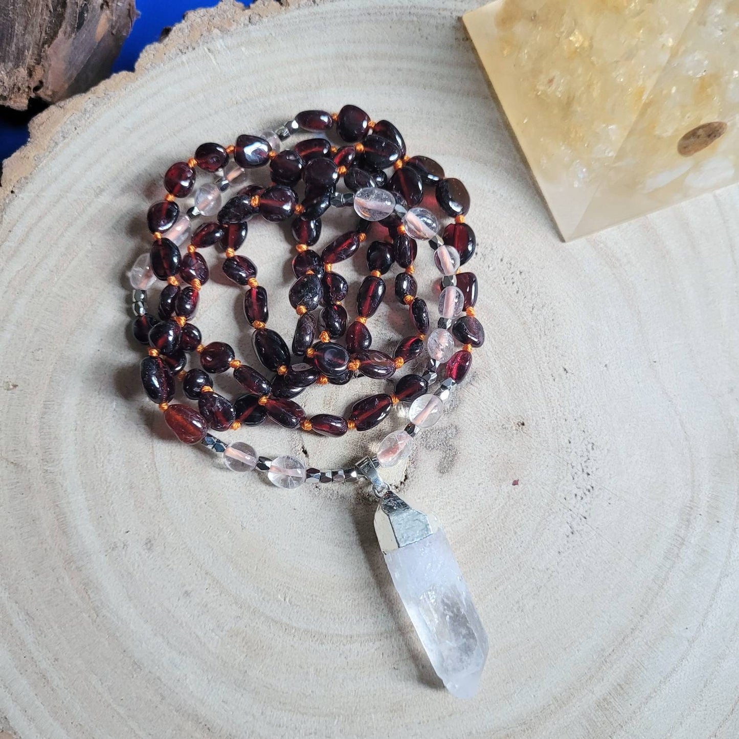 Red garnet necklace clear quartz point pendant knotted bead jewellery gift for him or her witchy gemstone jewelry