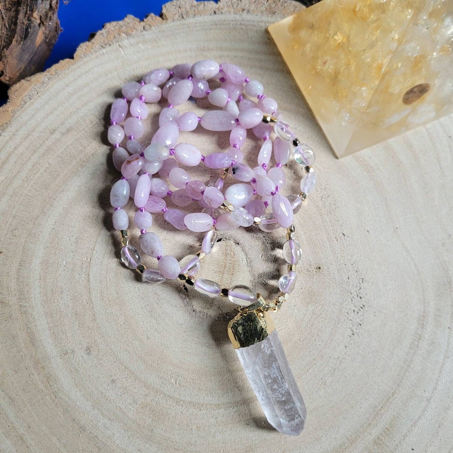 Kunzite necklace knotted with clear quartz point pendant crystal healing natural stone jewellery gift for her