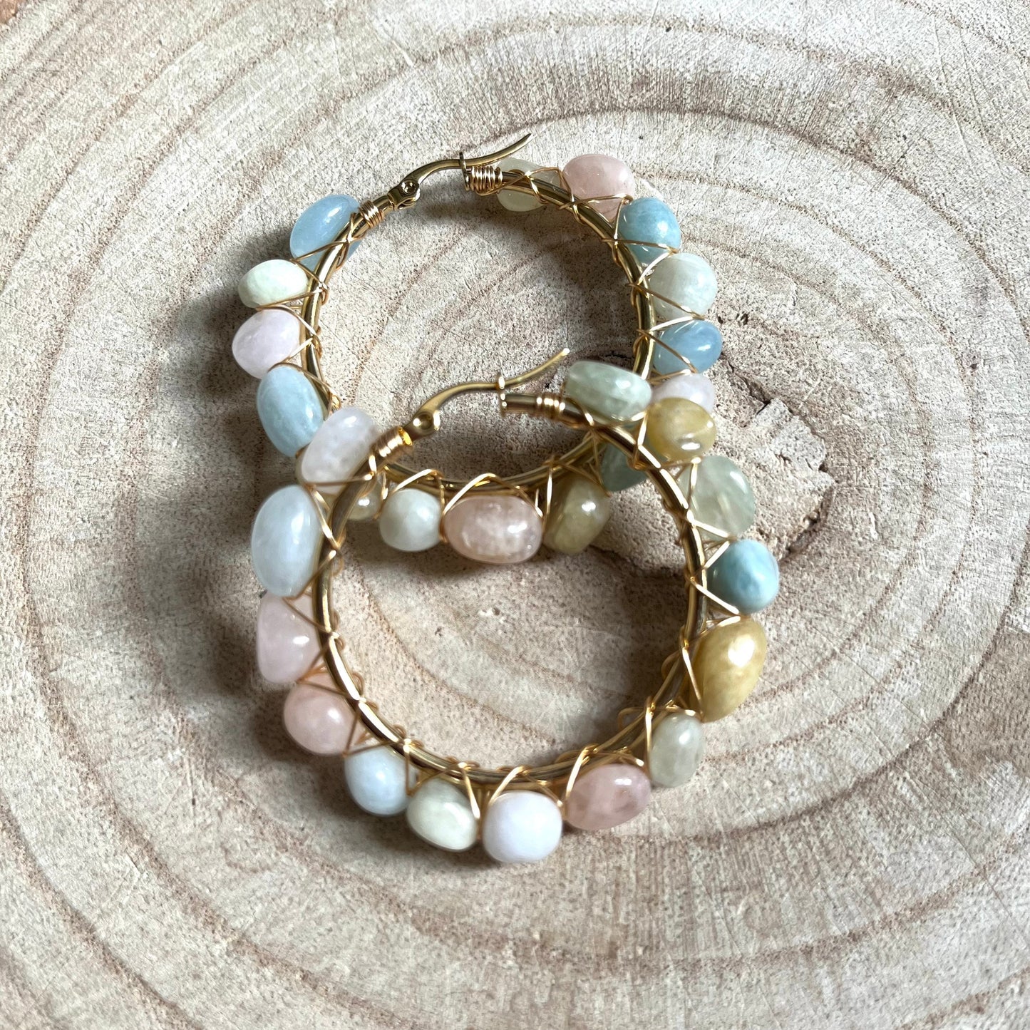 Morganite hoop earrings crystal healing jewellery gift for her witchy jewelry for women