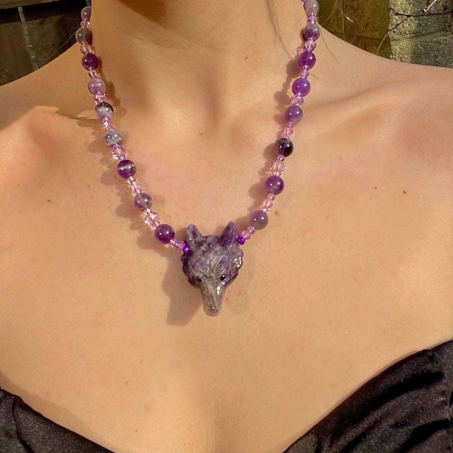 Fluorite choker wolf head necklace pendant with dream amethyst natural stone crystal healing