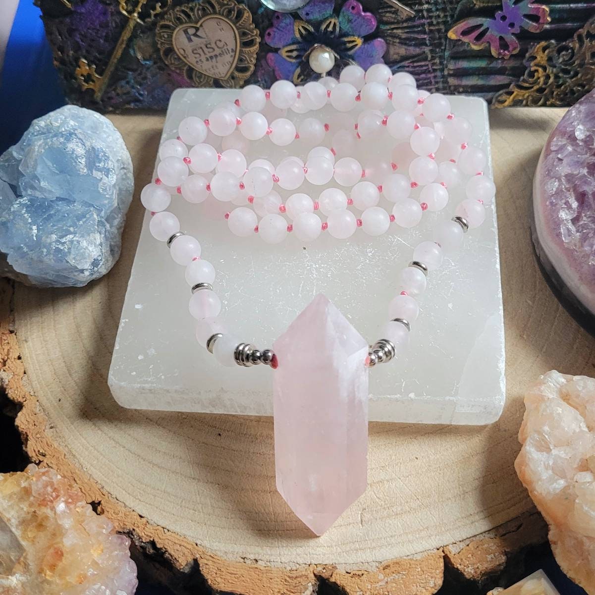 Rose Quartz necklace with large Terminated Point pendant Crystal healing bead mala womens jewellery gift for her witchy jewelry