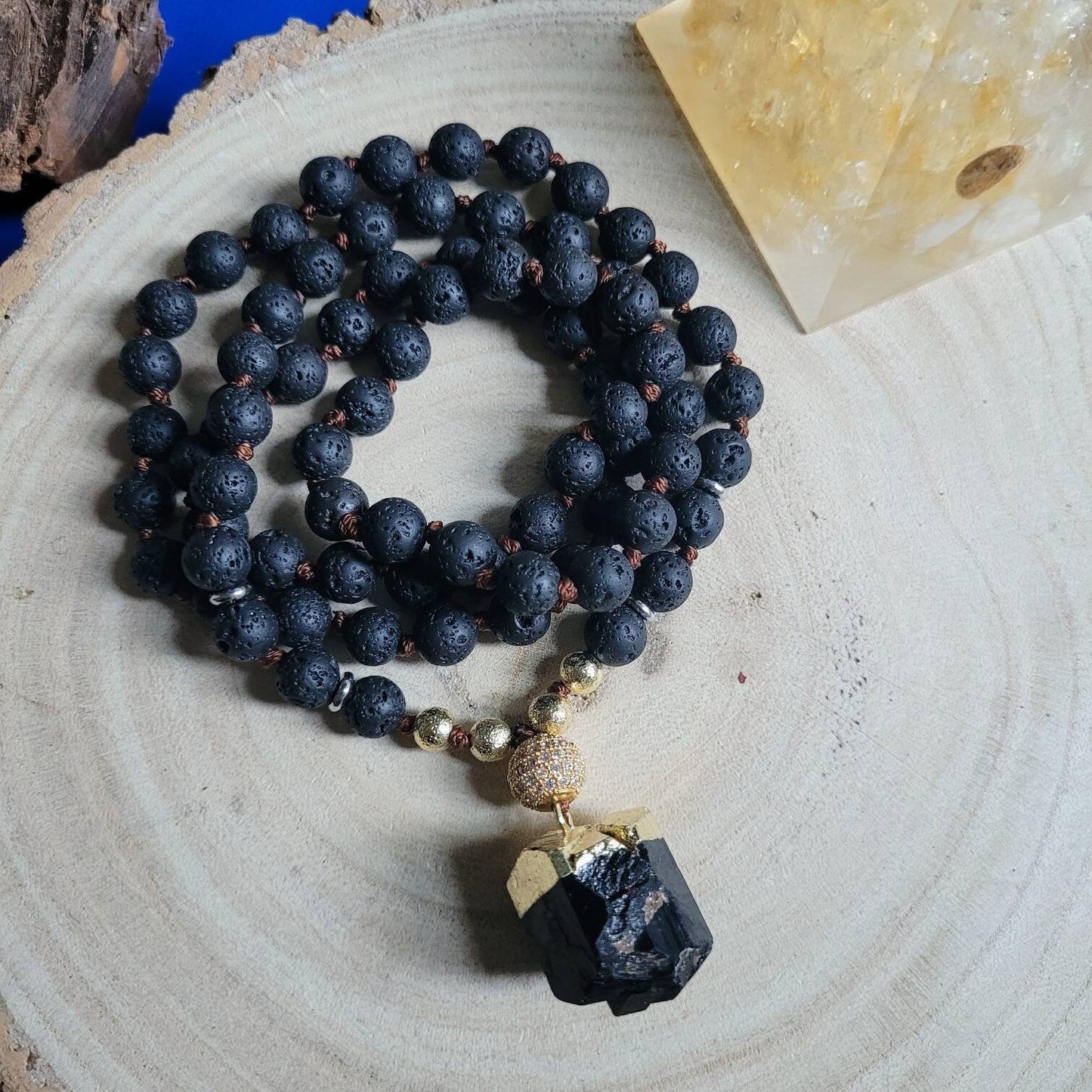 Lava stone Necklace with black tourmaline pendant 32" crystal healing- Meditation, Amplifier, Protection, Master Healer