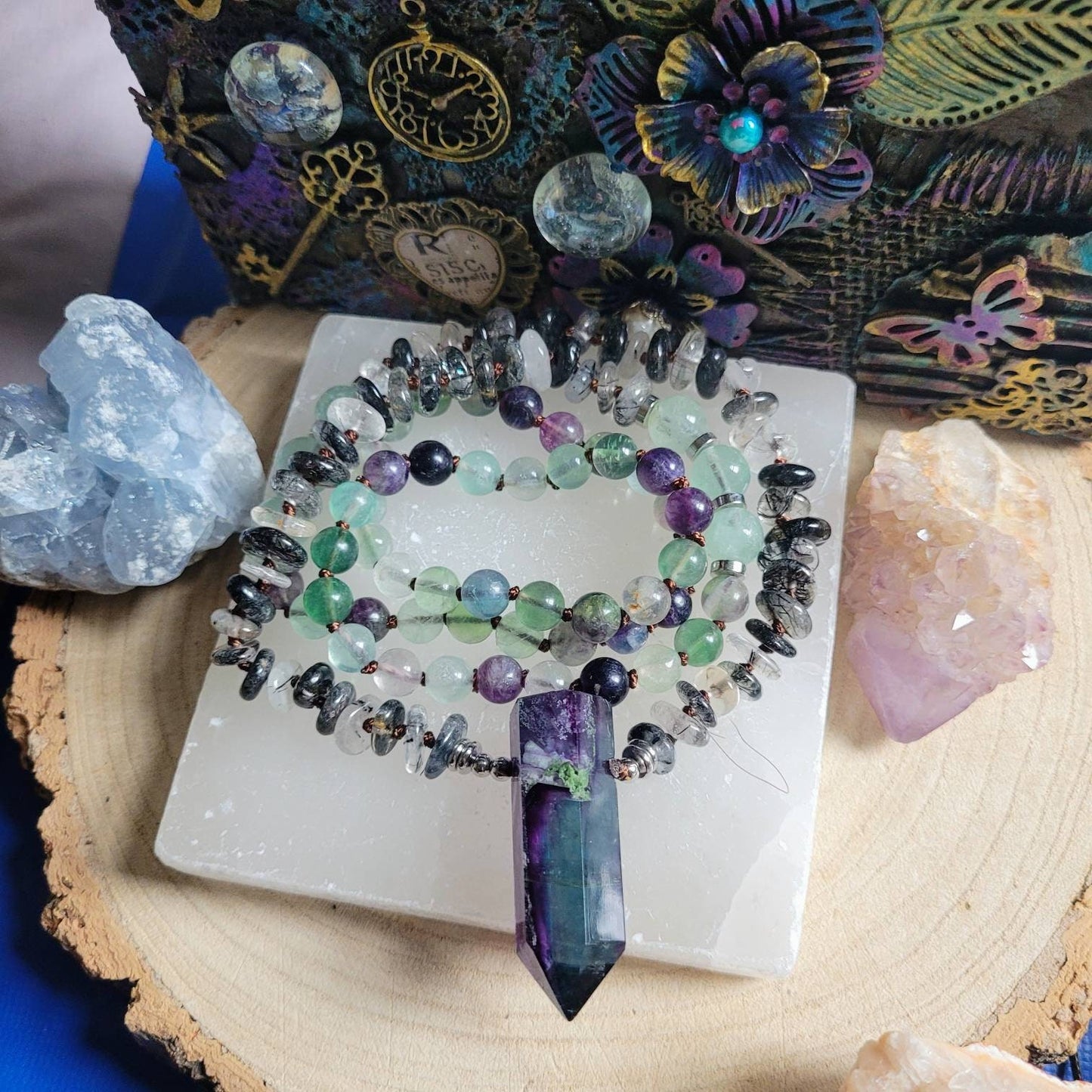 fluorite and tourmalinated quartz necklace large point pendant crystal healing bead jewellery gift for him or her witchy meditation jewelry