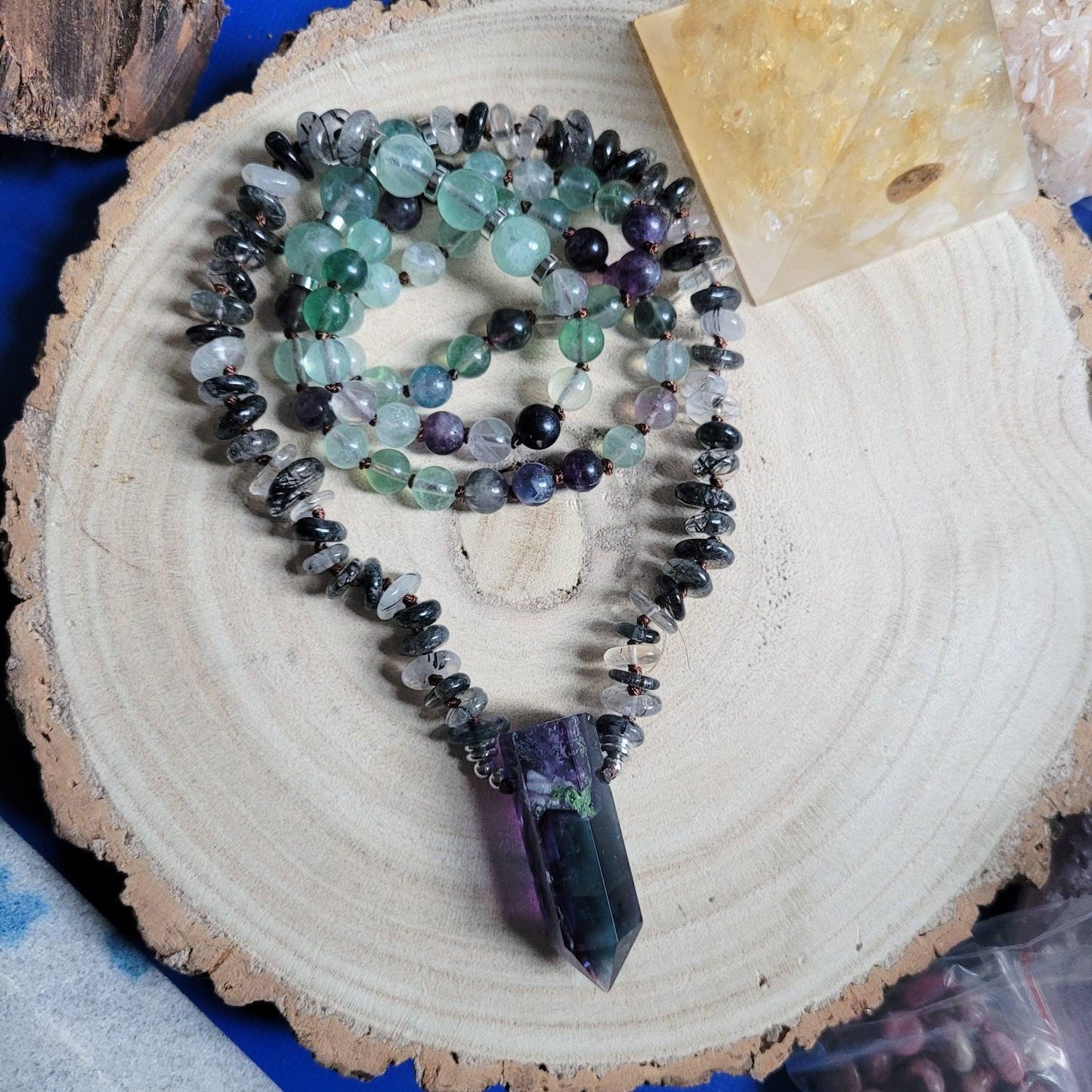 fluorite and tourmalinated quartz necklace large point pendant crystal healing bead jewellery gift for him or her witchy meditation jewelry