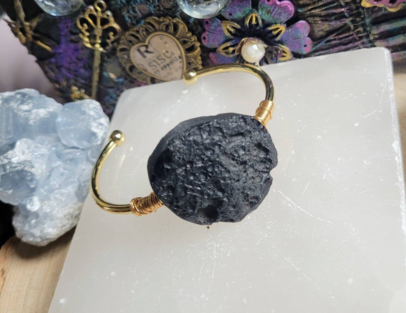 Tektite cuff bracelet raw natural stone crystal healing bangle for women meteorite jewellery witchy gift for her