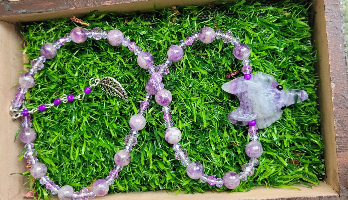 Fluorite choker wolf head necklace pendant with dream amethyst natural stone crystal healing