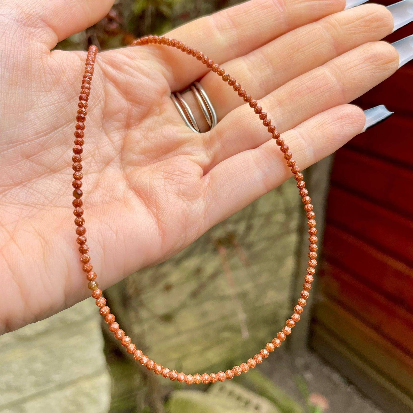 Red Goldstone choker necklace minimalist adjustable sparkly 3mm beads