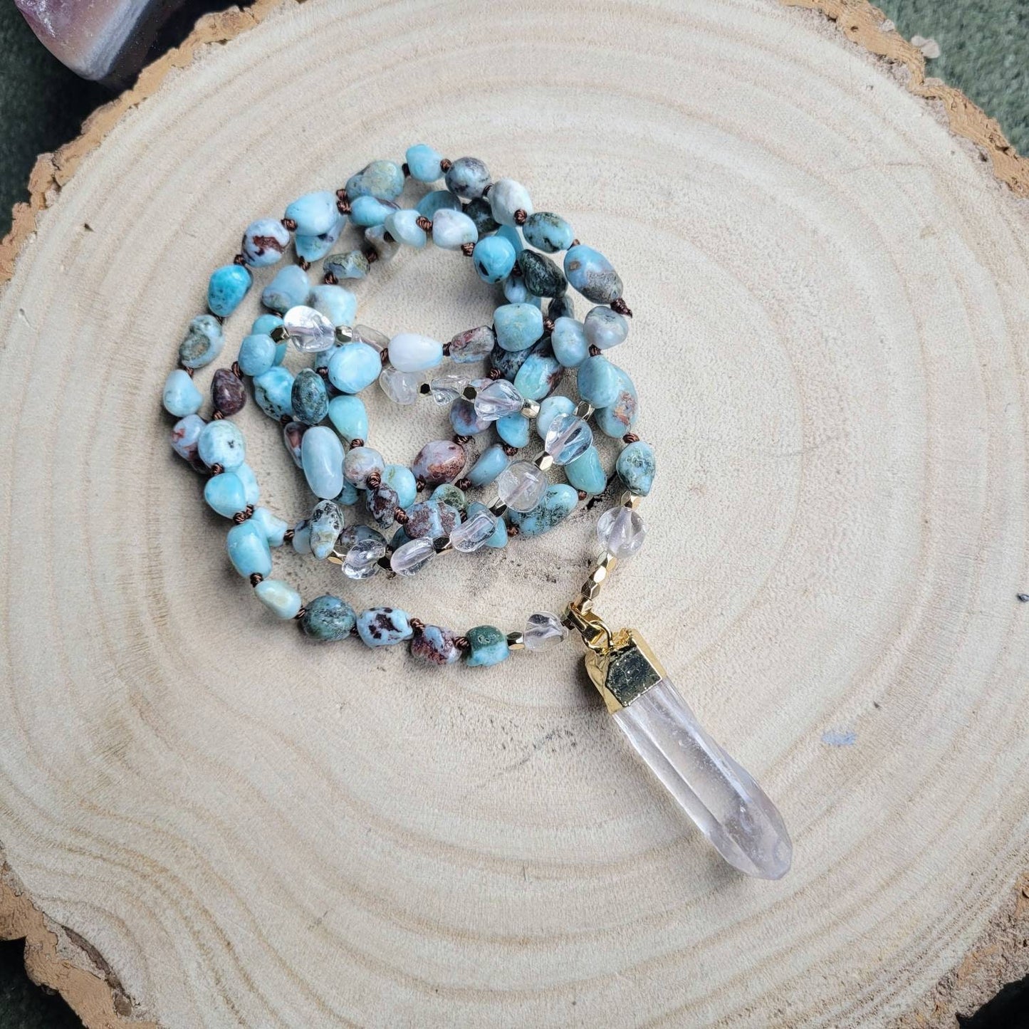 larimar necklace with clear quartz point pendant knotted crystal healing gemstone jewellery for women and men gift for him or her