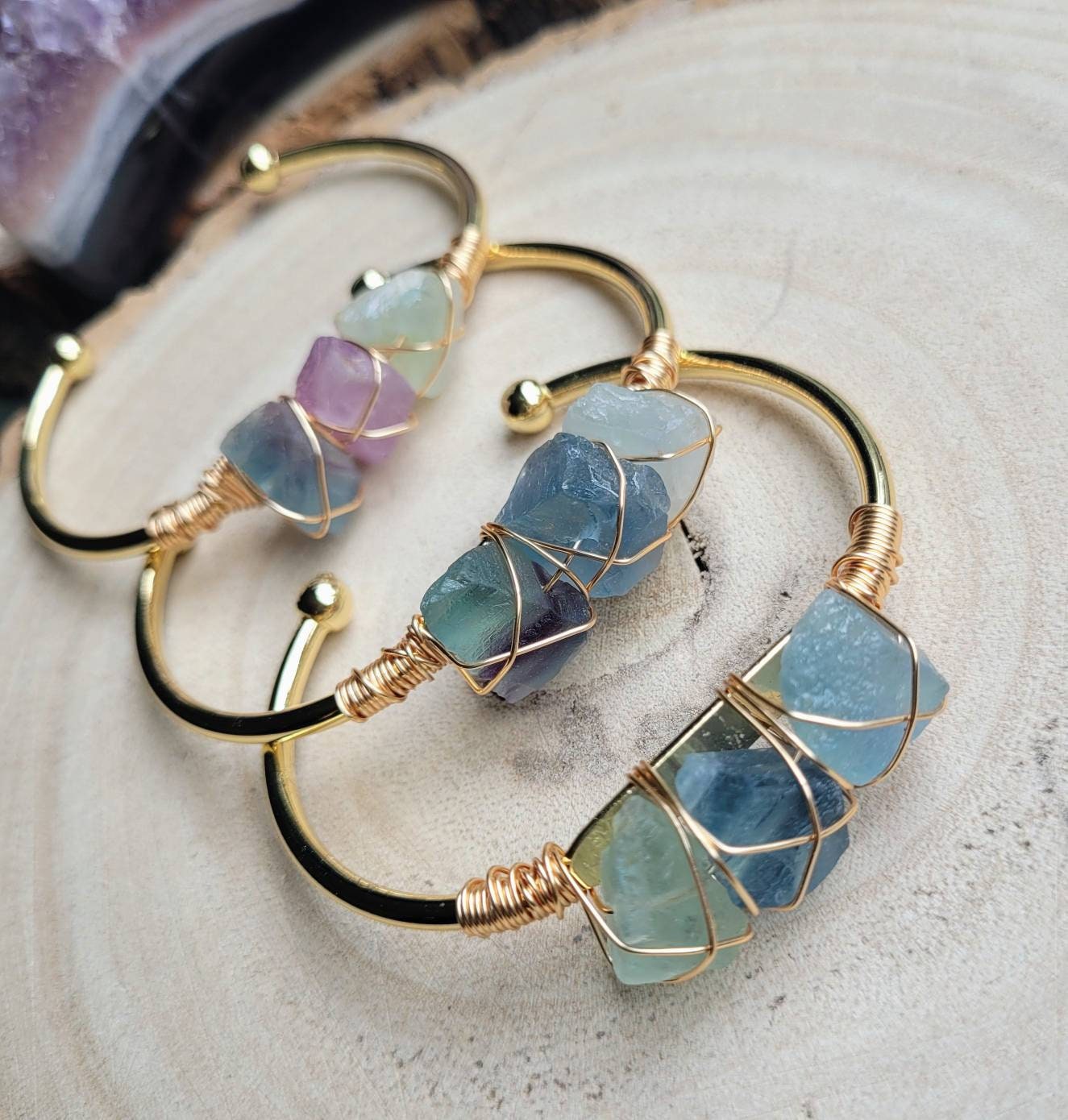 Fluorite wire wrapped raw stone cuff bracelet crystal healing witchy jewellery gift for her bangle