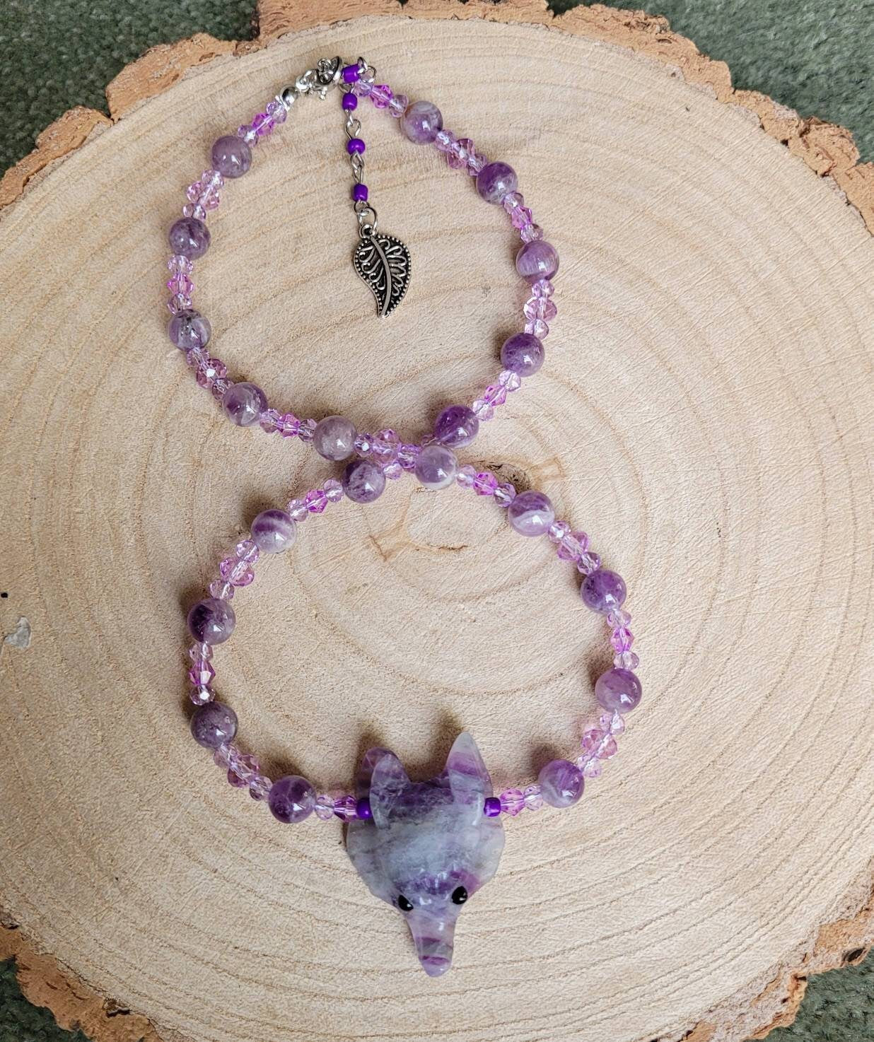Fluorite choker wolf head necklace pendant with dream amethyst natural stone crystal healing