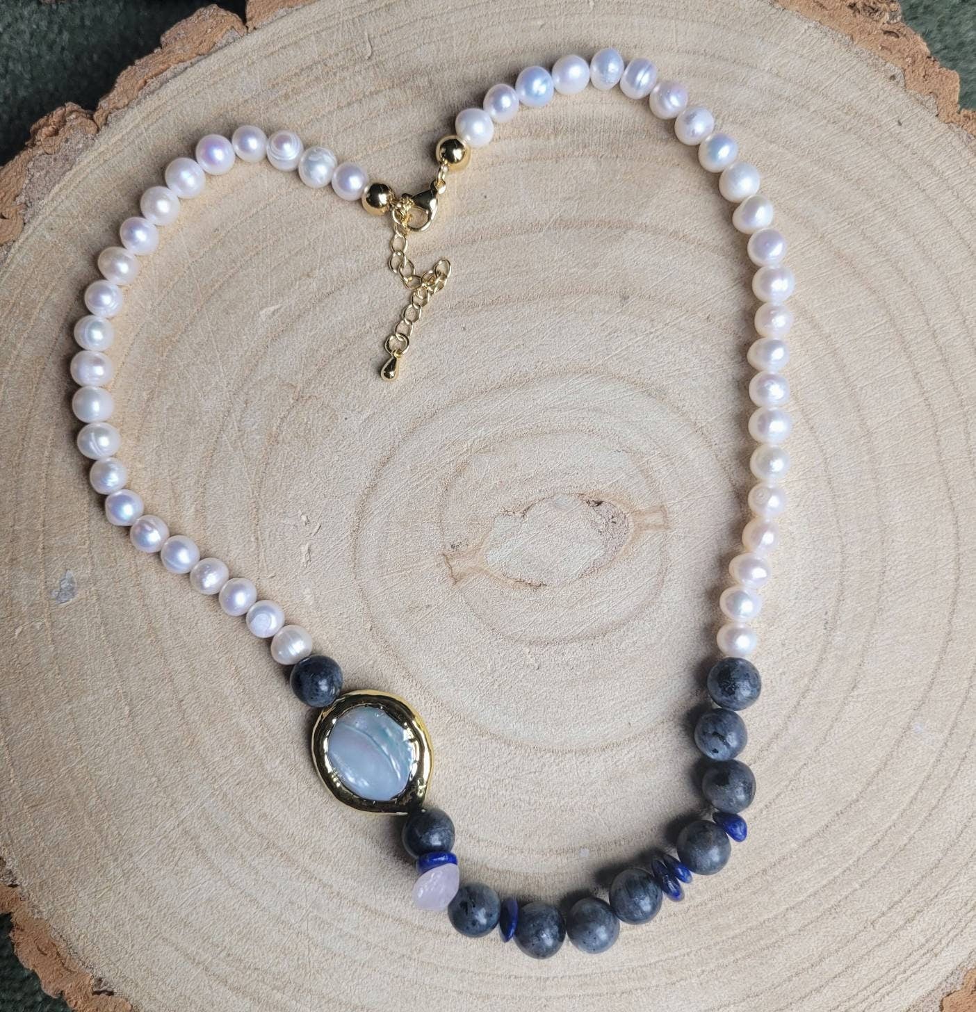 Pearl choker with larvikite necklace crystal healing natural stone