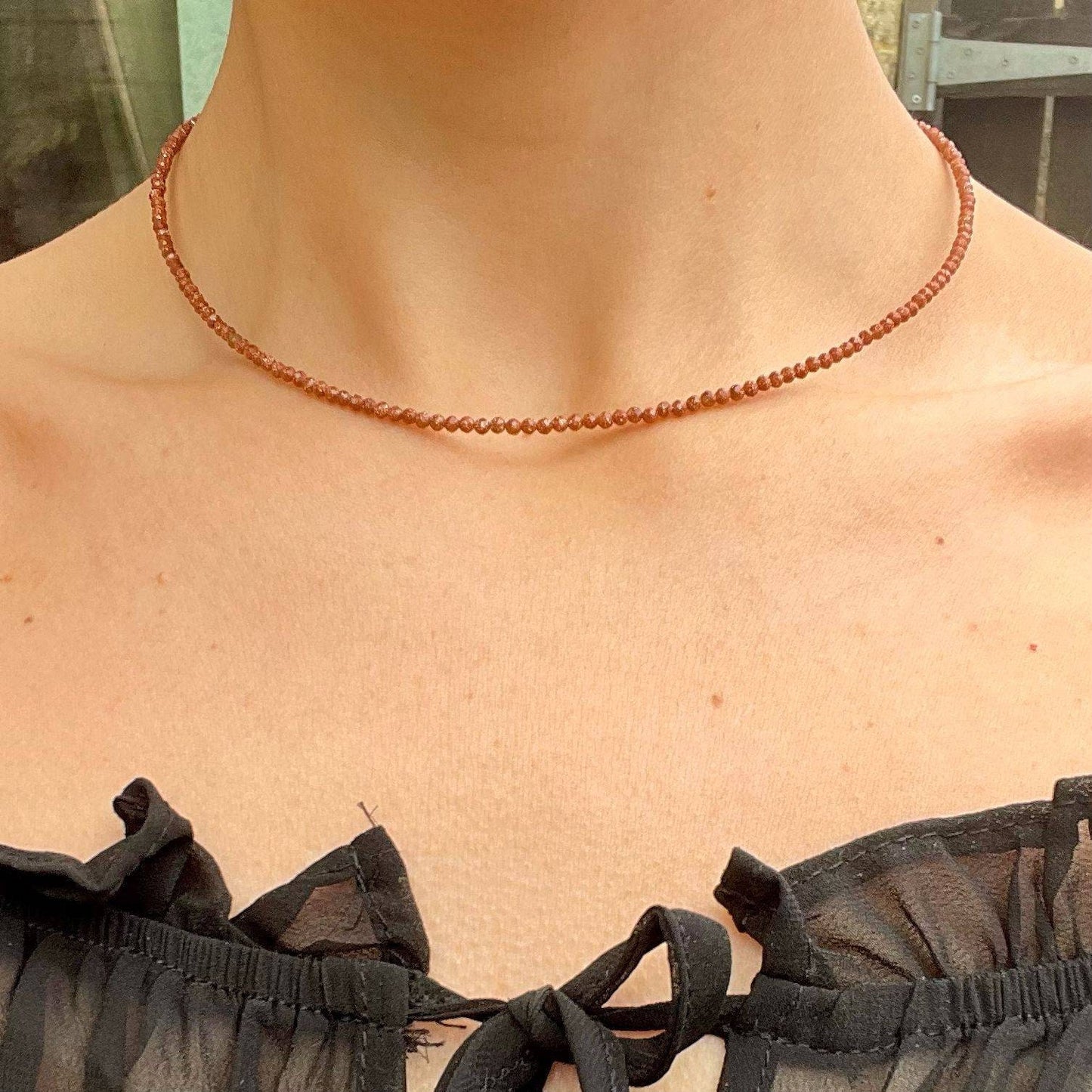 Red Goldstone choker necklace minimalist adjustable sparkly 3mm beads