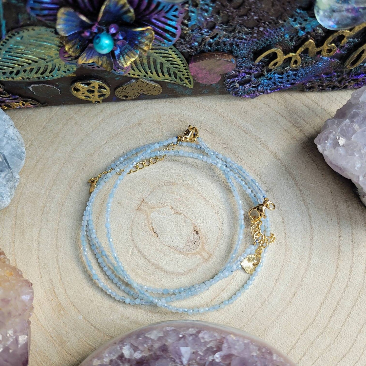 Aquamarine choker necklace minimalist crystal healing natural stone