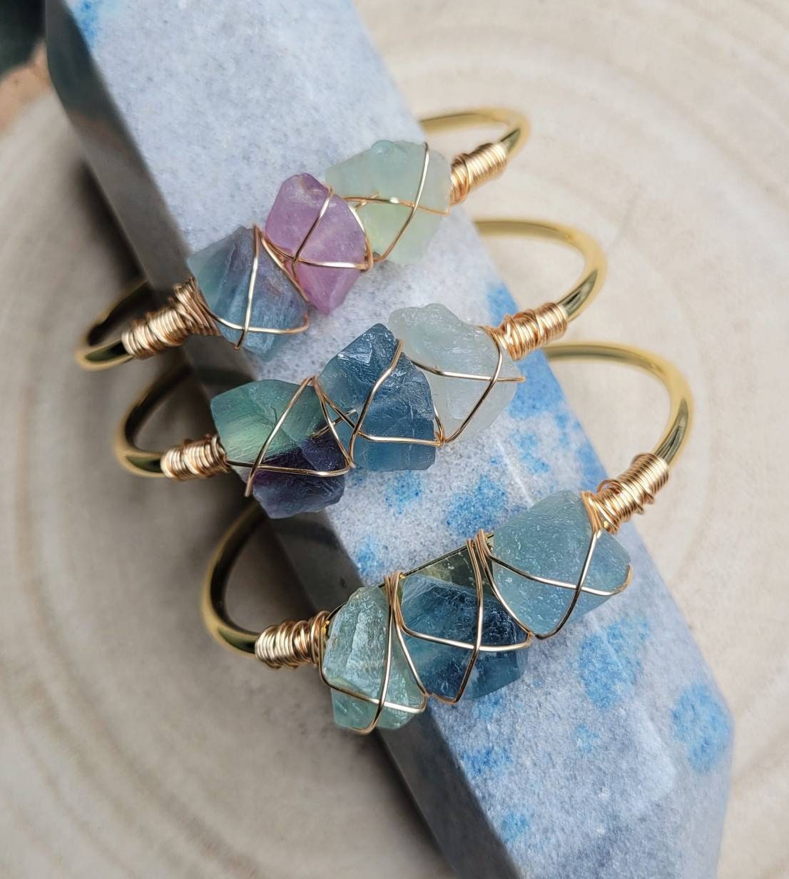 Fluorite wire wrapped raw stone cuff bracelet crystal healing witchy jewellery gift for her bangle