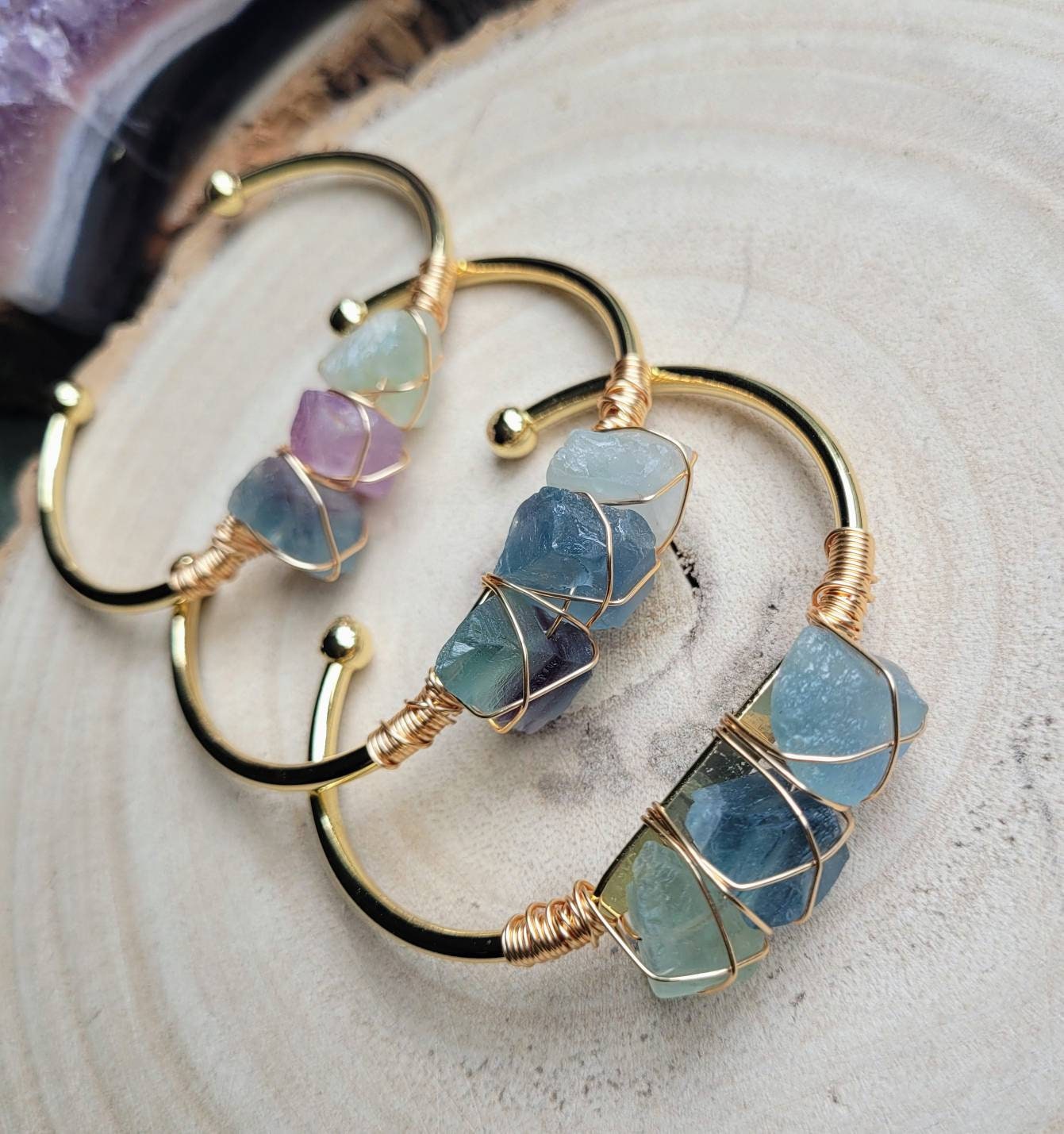 Fluorite wire wrapped raw stone cuff bracelet crystal healing witchy jewellery gift for her bangle