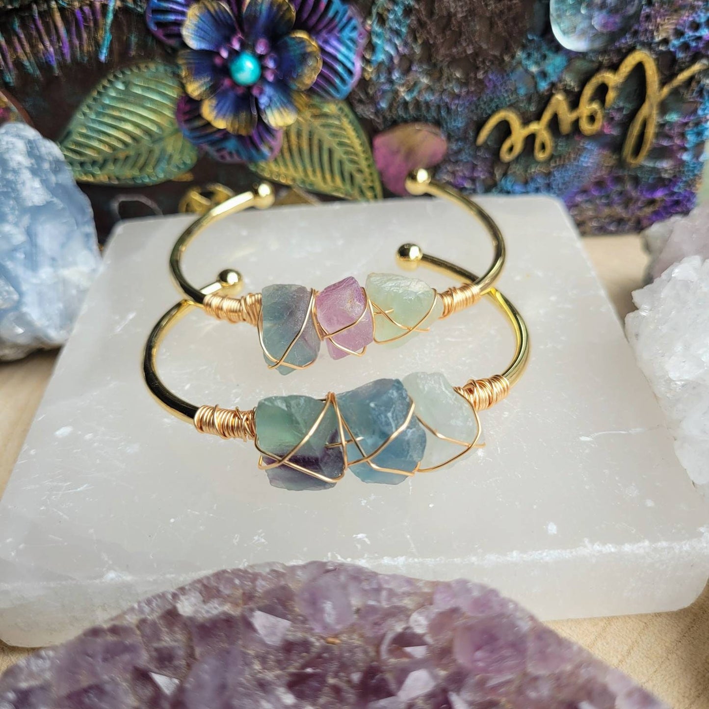 Fluorite wire wrapped raw stone cuff bracelet crystal healing witchy jewellery gift for her bangle