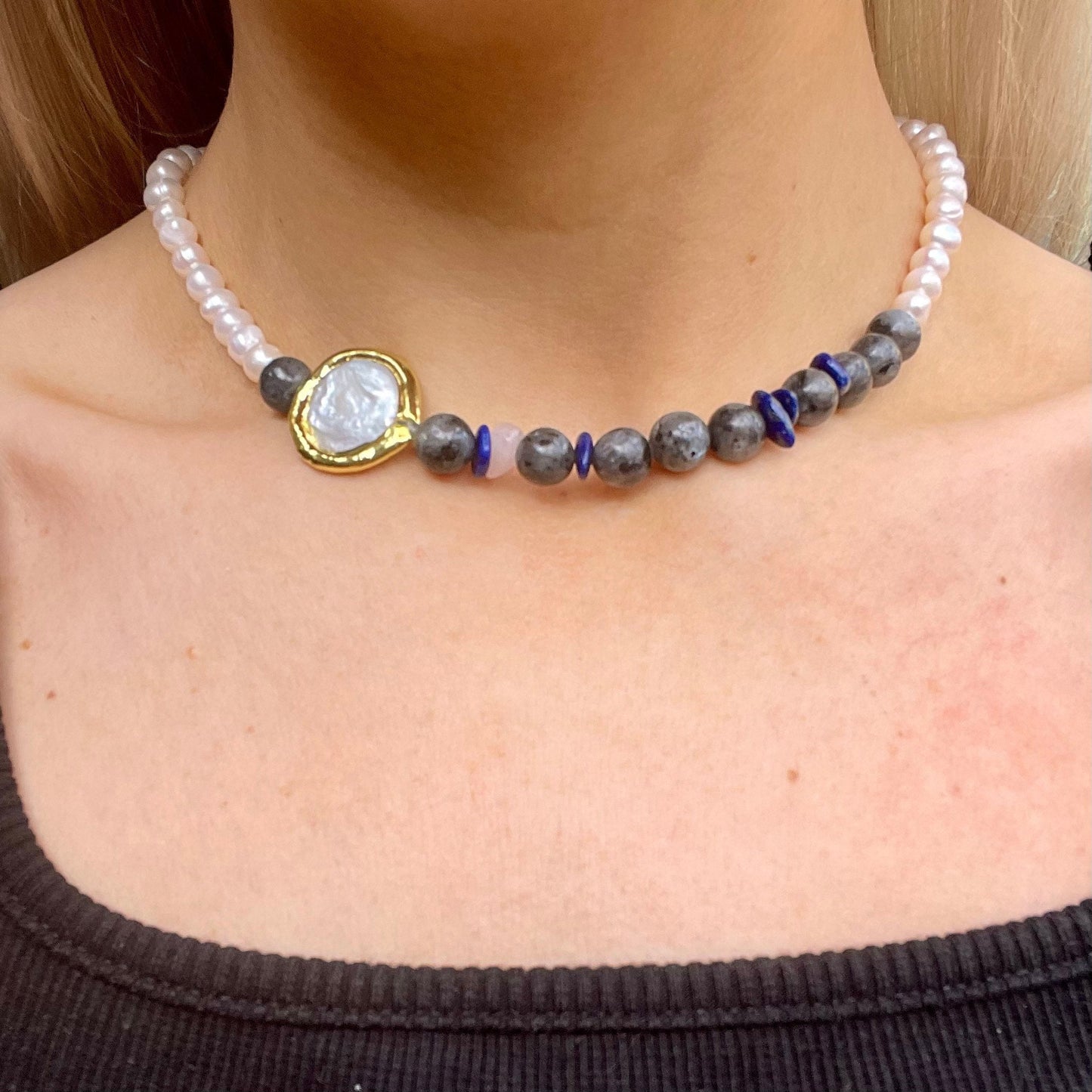 Pearl choker with larvikite necklace crystal healing natural stone