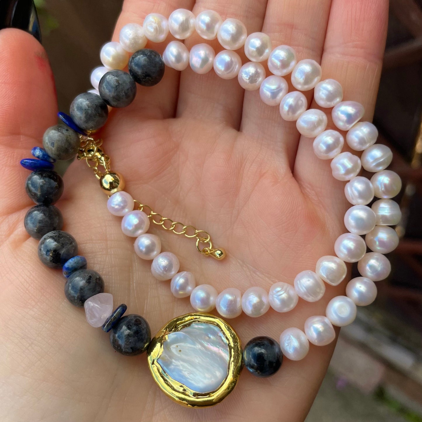 Pearl choker with larvikite necklace crystal healing natural stone