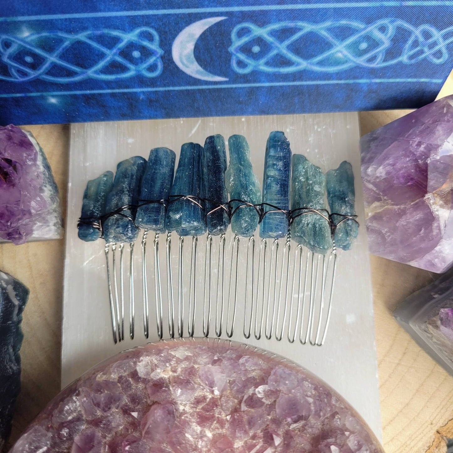 Kyanite Crystal wire wrapped Hair Grip Slide Clip Comb bridal head wear - Chakra Alignment, Tranquility, Psychic Abilities, Attunement
