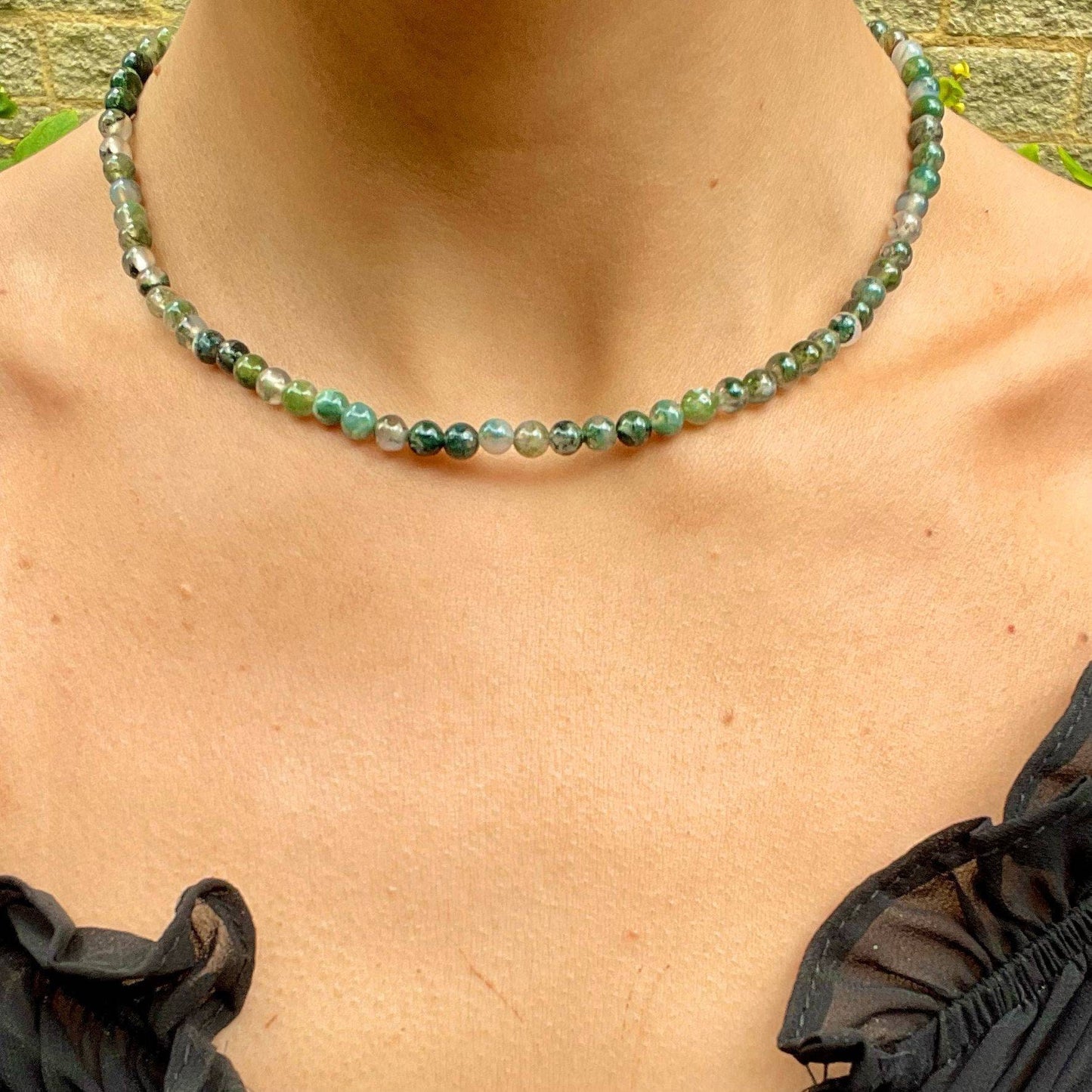 Green moss agate choker necklace minimalist crystal healing natural stone