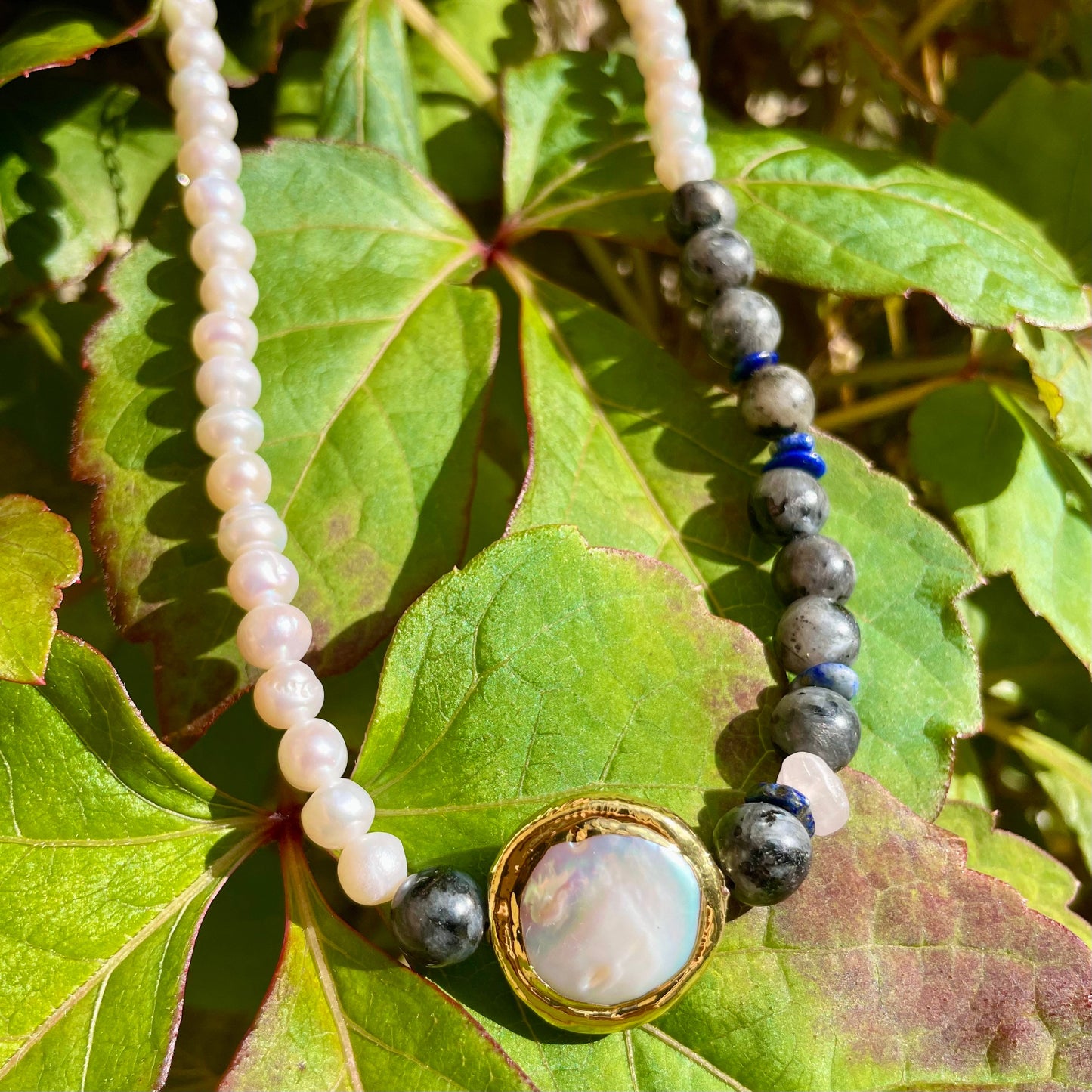 Pearl choker with larvikite necklace crystal healing natural stone
