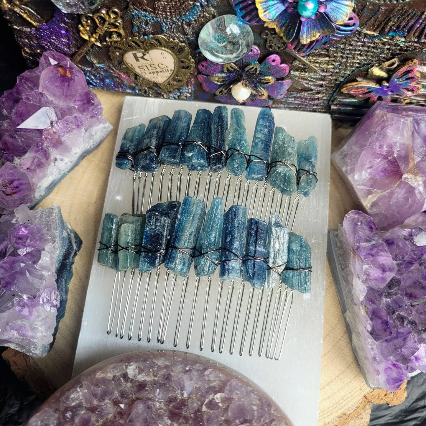 Kyanite Crystal wire wrapped Hair Grip Slide Clip Comb bridal head wear - Chakra Alignment, Tranquility, Psychic Abilities, Attunement