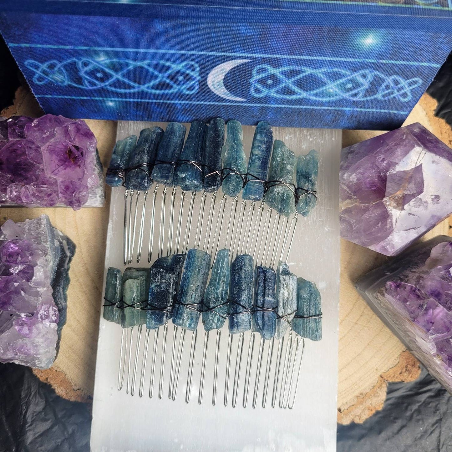 Kyanite Crystal wire wrapped Hair Grip Slide Clip Comb bridal head wear - Chakra Alignment, Tranquility, Psychic Abilities, Attunement