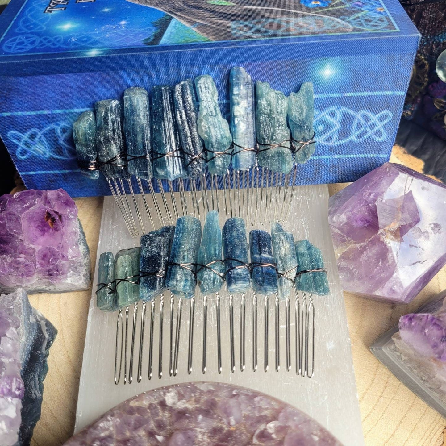 Kyanite Crystal wire wrapped Hair Grip Slide Clip Comb bridal head wear - Chakra Alignment, Tranquility, Psychic Abilities, Attunement