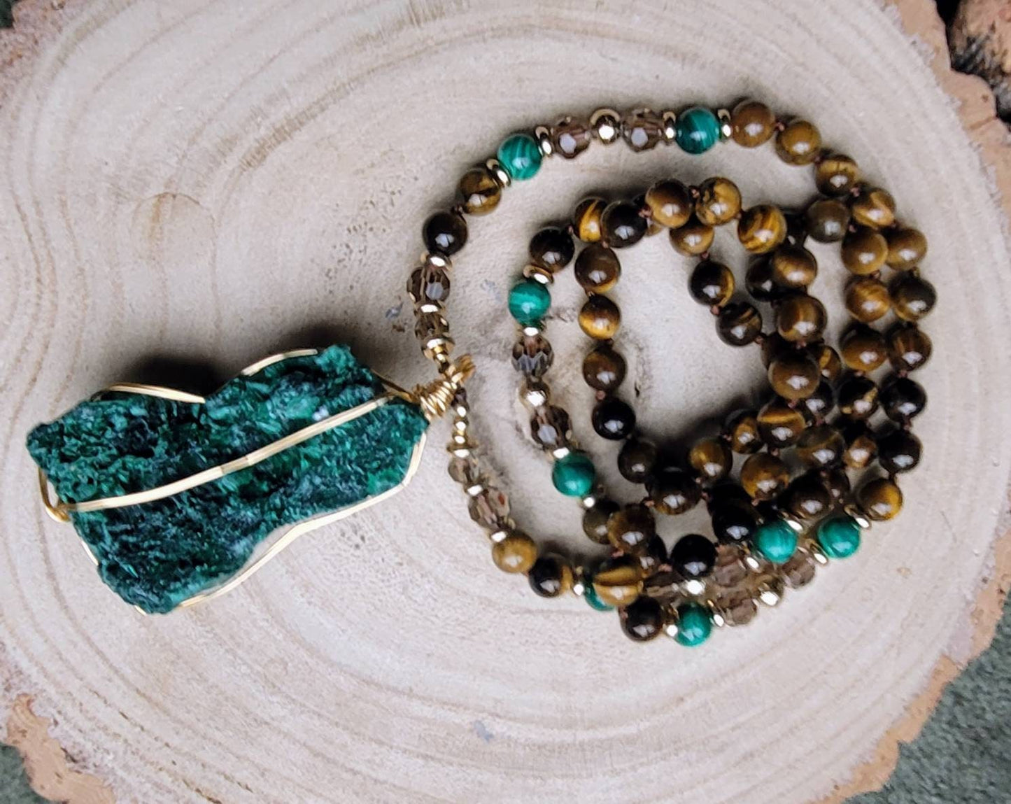 Tigers eye necklace with raw Malachite pendant crystal healing witchy jewellery gift for him or her gemstone jewellery mala