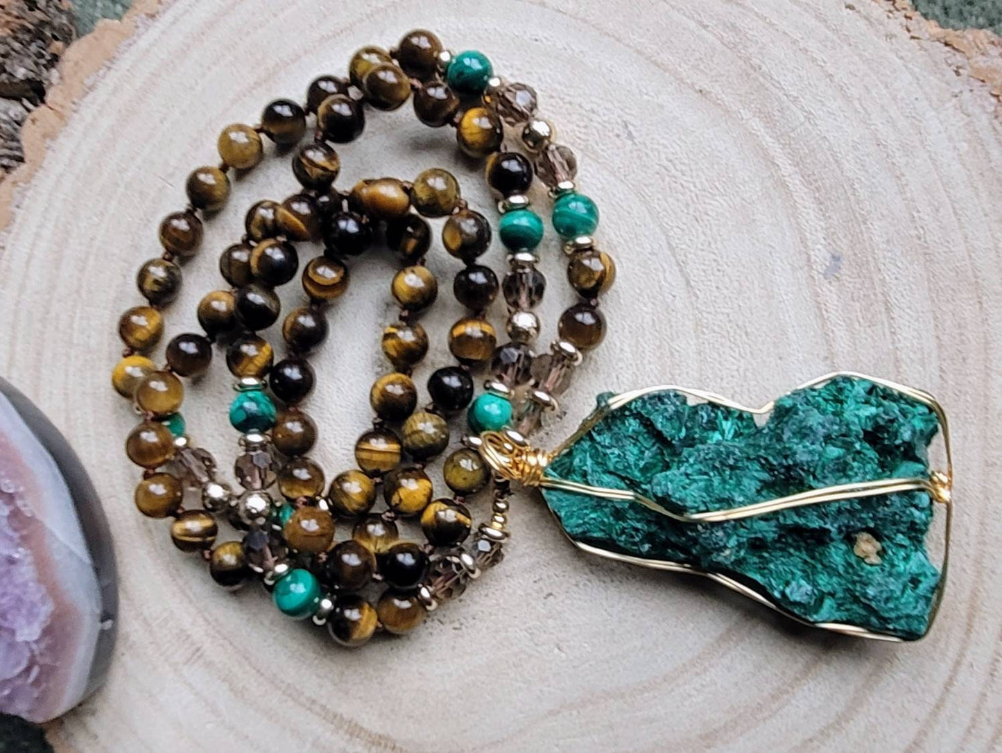 Tigers eye necklace with raw Malachite pendant crystal healing witchy jewellery gift for him or her gemstone jewellery mala