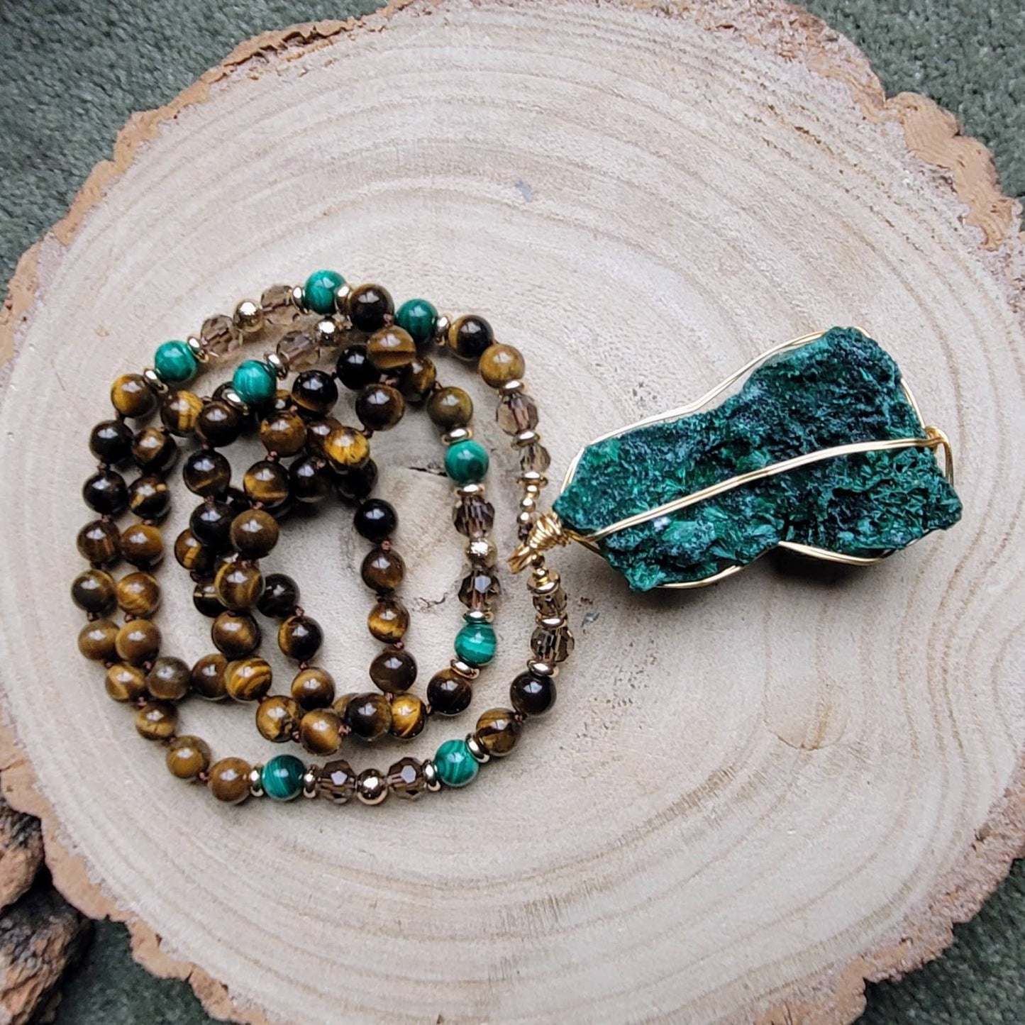 Tigers eye necklace with raw Malachite pendant crystal healing witchy jewellery gift for him or her gemstone jewellery mala