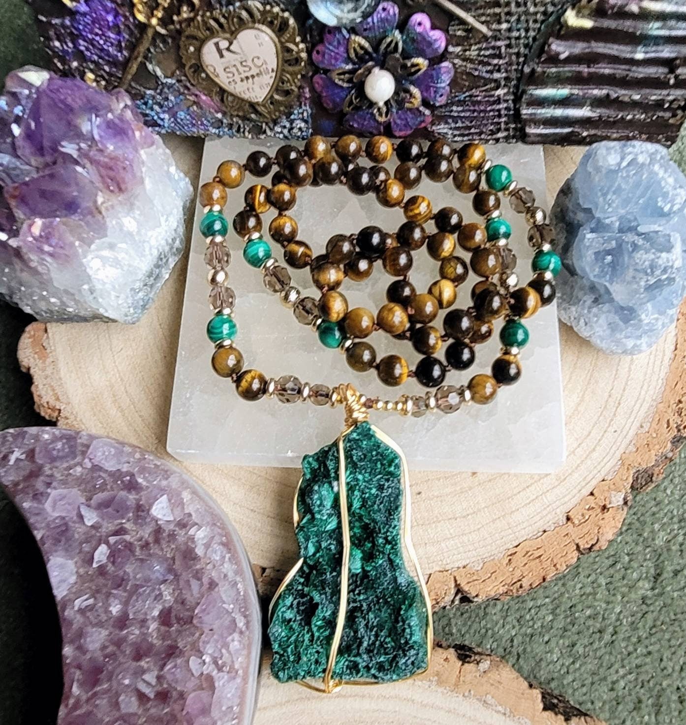 Tigers eye necklace with raw Malachite pendant crystal healing witchy jewellery gift for him or her gemstone jewellery mala